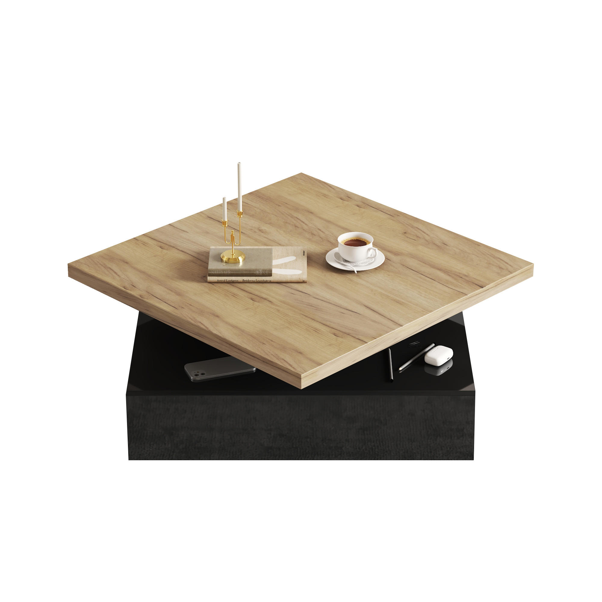 COUCHTISCH 360° schwenkbar 2-stufig Hochglanz Stauraum Naturholz Schwarz - Walnussfarben, Holzwerkstoff (70/70/36cm) - FLIEKS