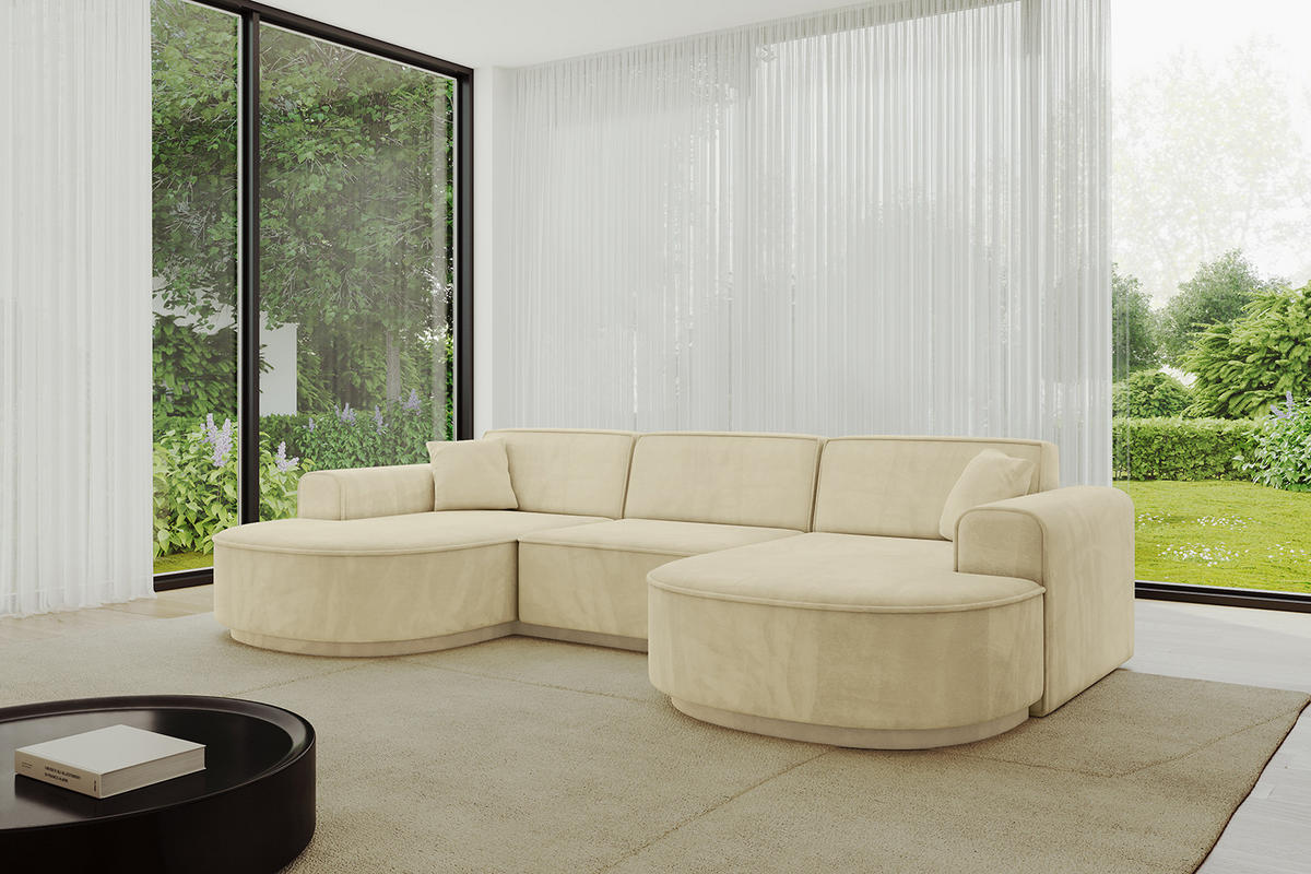 WOHNLANDSCHAFT MARI-U1-v3 - 303x171x83 cm Beige Velours - Beige/Schwarz, Holzwerkstoff/Kunststoff (303/83/171cm) - ALTDECOR