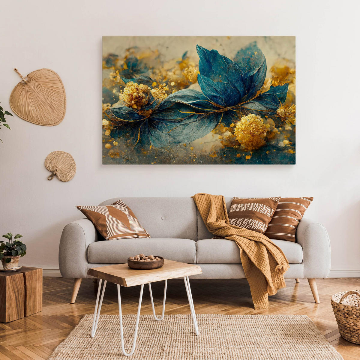 LEINWANDBILD Abstrakte Blumen Blätter 3D Glamour Stil 40cm x 30cm - Türkis/Blau, Textil (40/30cm) - Muralo