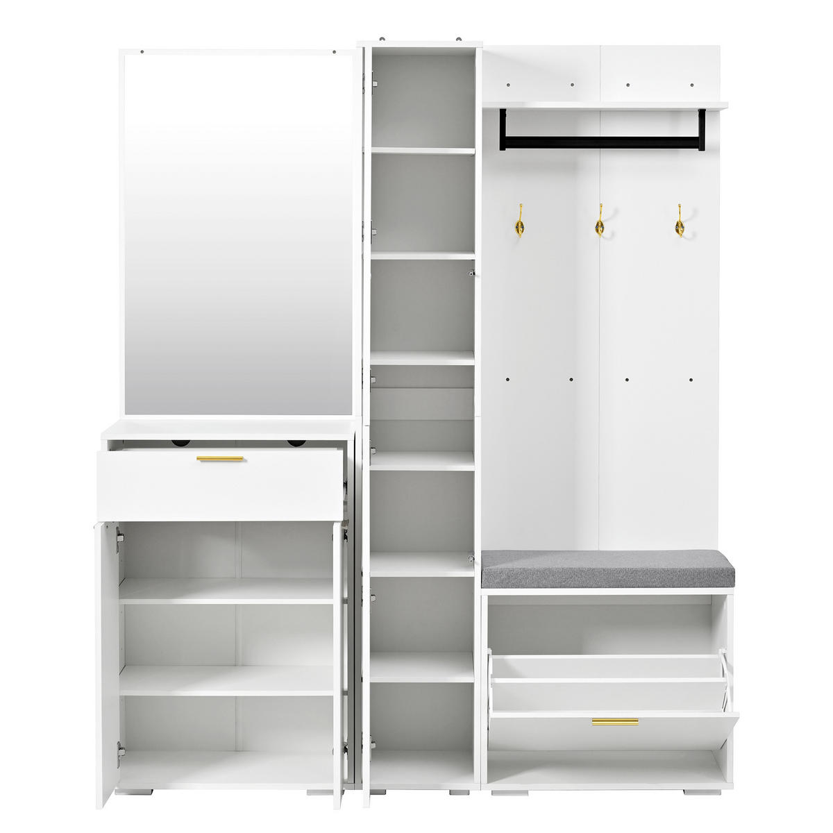 GARDEROBE Weiß Spiegel Bank 3 Türen Schuhregal 150x36x180cm - Weiß, Holzwerkstoff (150/180/36cm) - FLIEKS