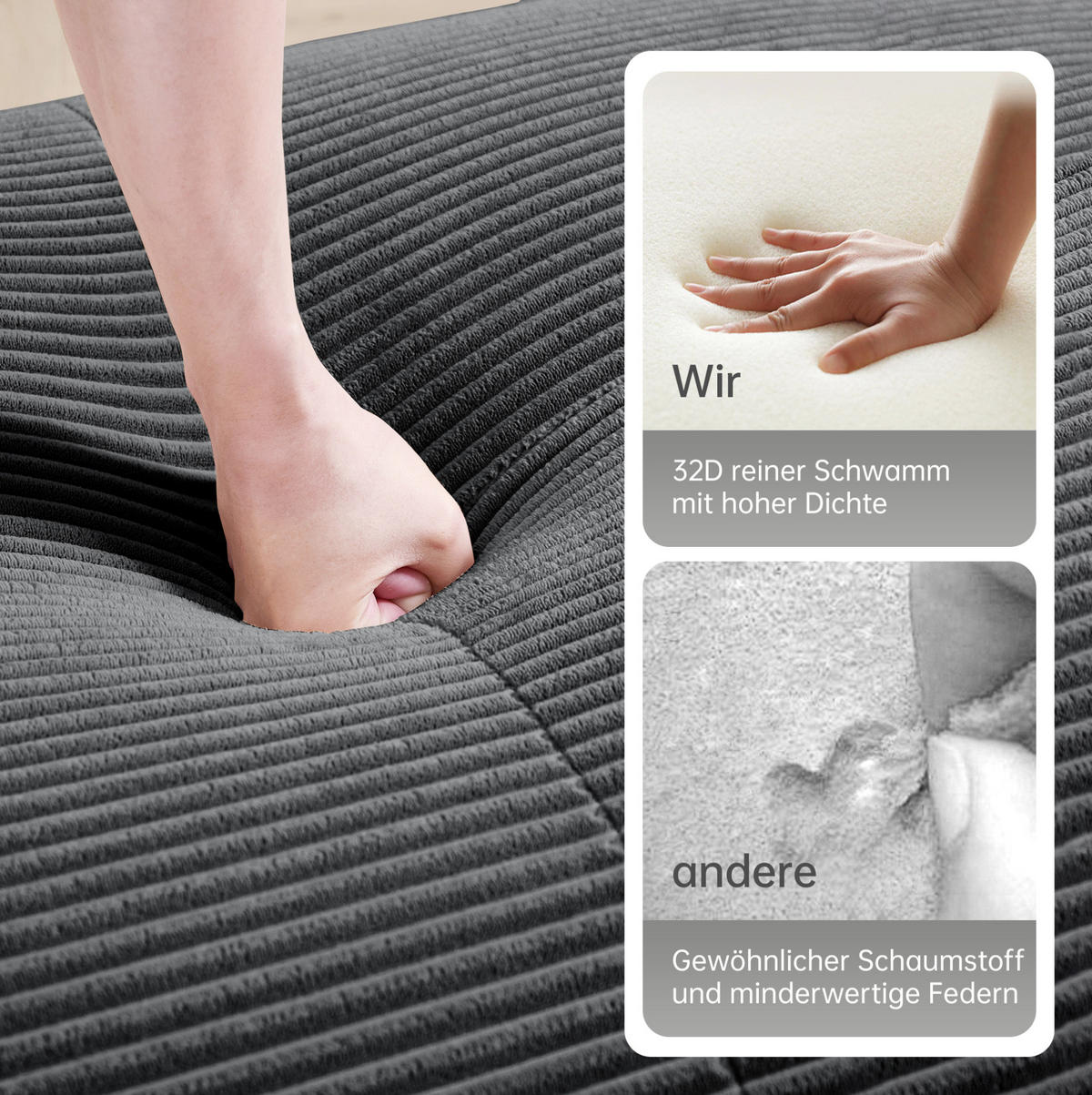 SOFA in Grau aus Cord mit rutschfester Unterseite - Grau, Textil (103/70/298cm) - Flora Grace