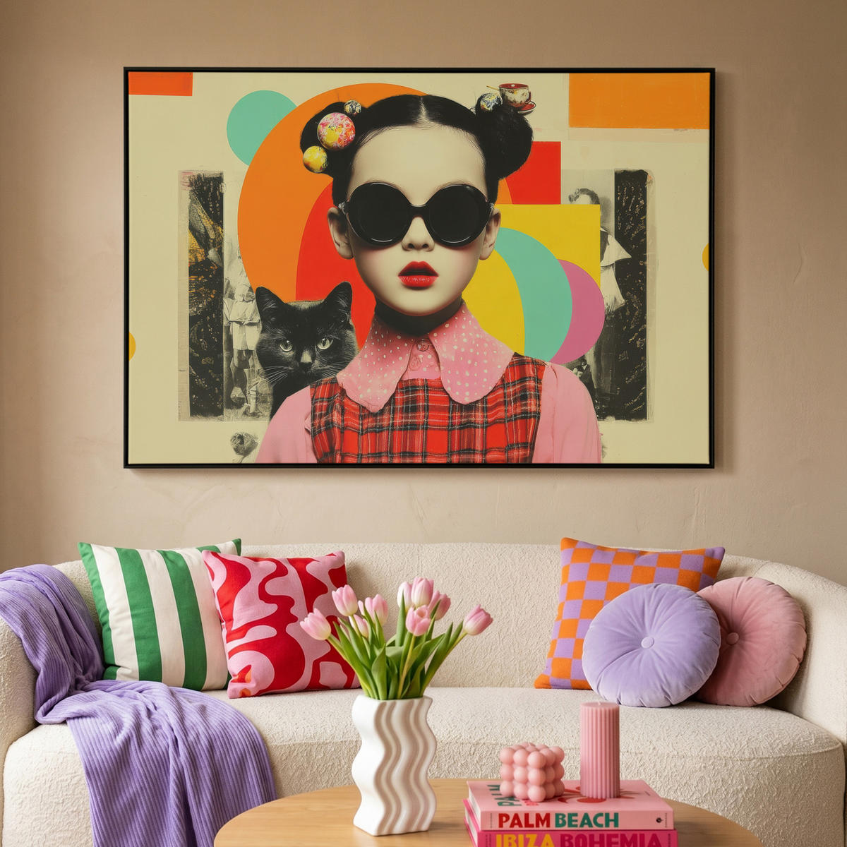 LEINWAND Bilder mit Rahmen - Mädchen - Sonnenbrille - Katze - Retro - 120x80 - Beige, Textil (120/80cm) - MuchoWow