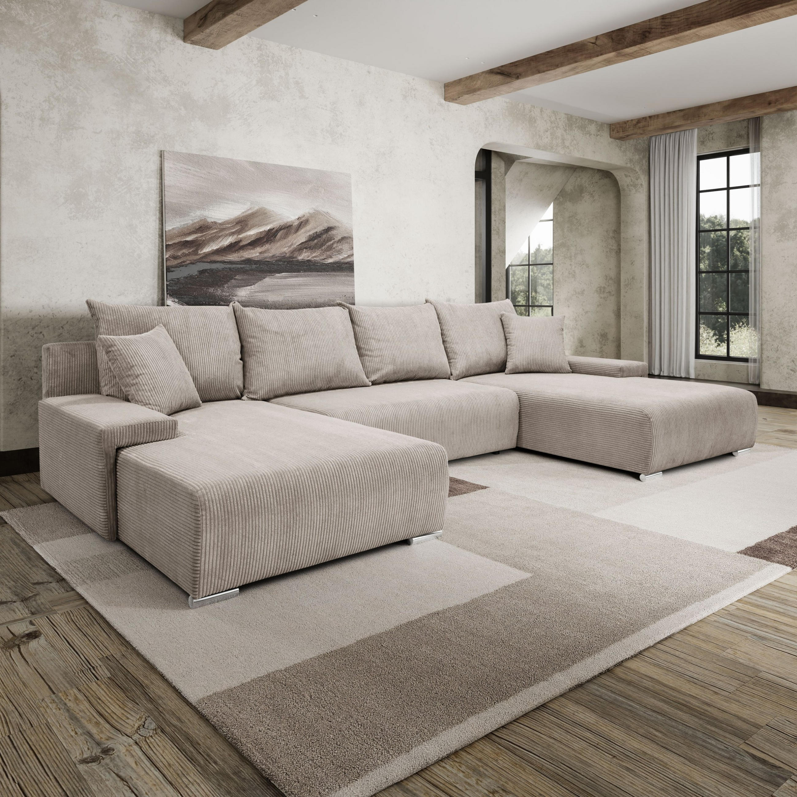ECKSOFA U-Form Livorno Schlaffunktion Cord-Stoff Beige - Beige, Holz/Kunststoff (348/93/188cm) - Kaiser Möbel