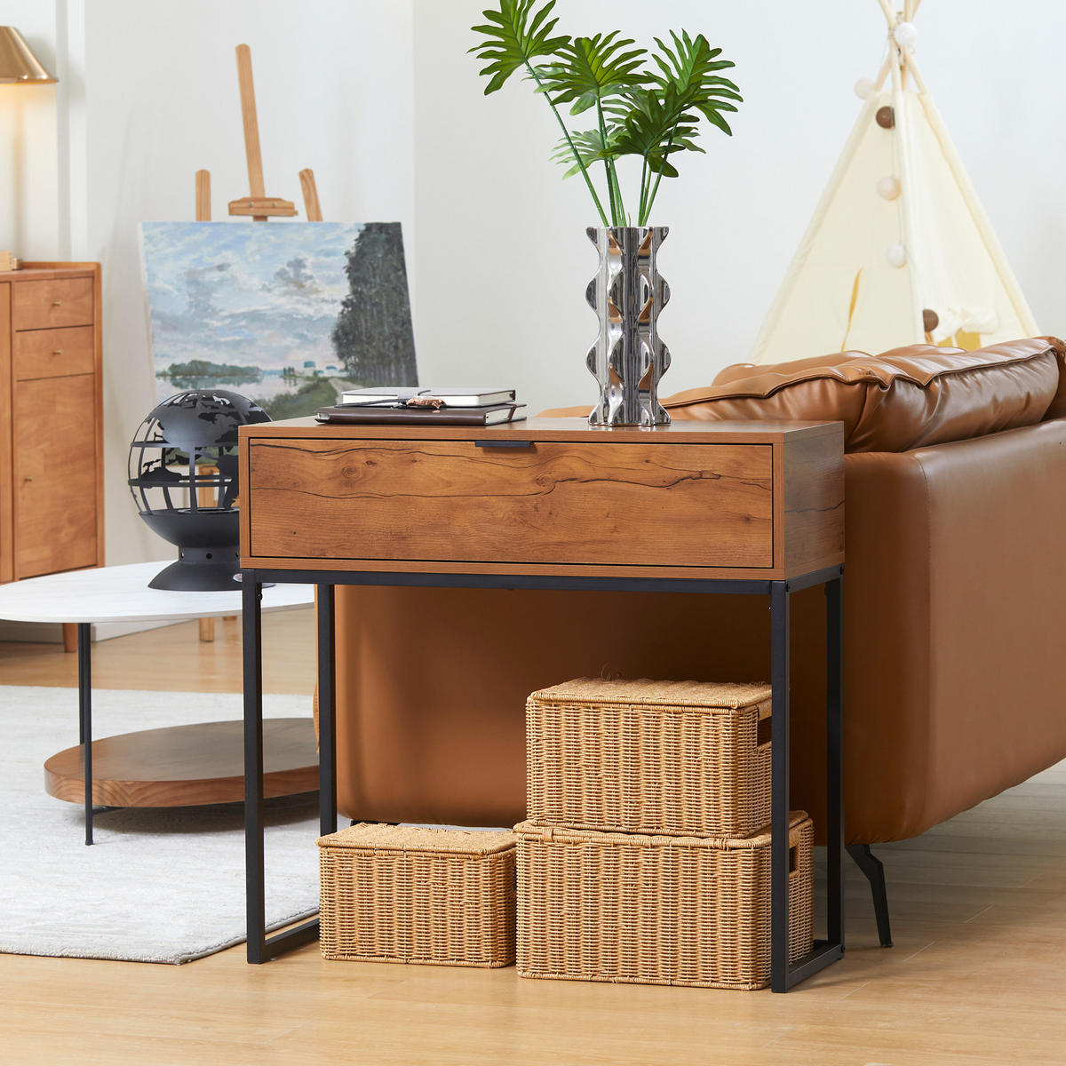 KONSOLENTISCH aus Holzwerkstoff 80x30x76 cm Natur mit Schublade im Industriedesign - Naturfarben, Holzwerkstoff (30/80/76cm) - Modfu
