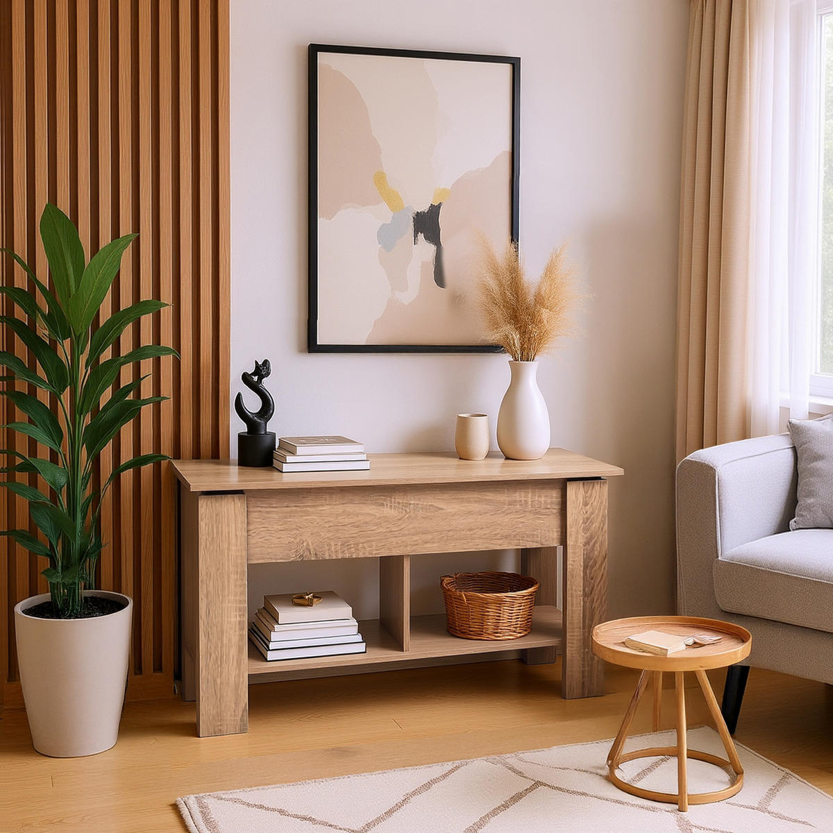 COUCHTISCH mit Lift-Top, Stauraum und Ablagefach, Eiche Optik - Braun, Holz (96/50/47cm) - Urban Meuble