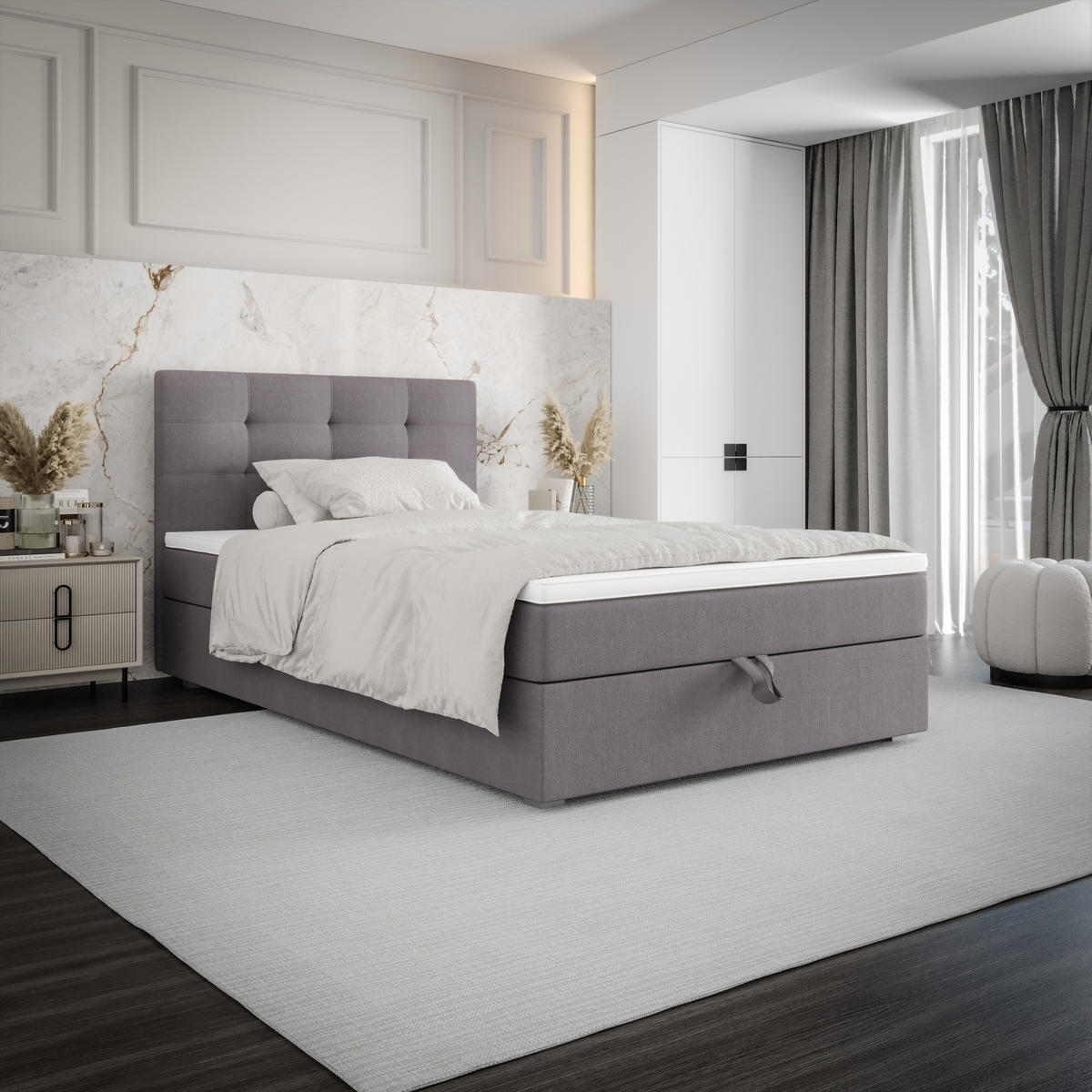 BOXBETT FADO 11 120x200, mit Matratze H3, Bonell und Topper, Cosmic 160 - Hellgrau, Holz/Kunststoff (120/200cm) - Bedante