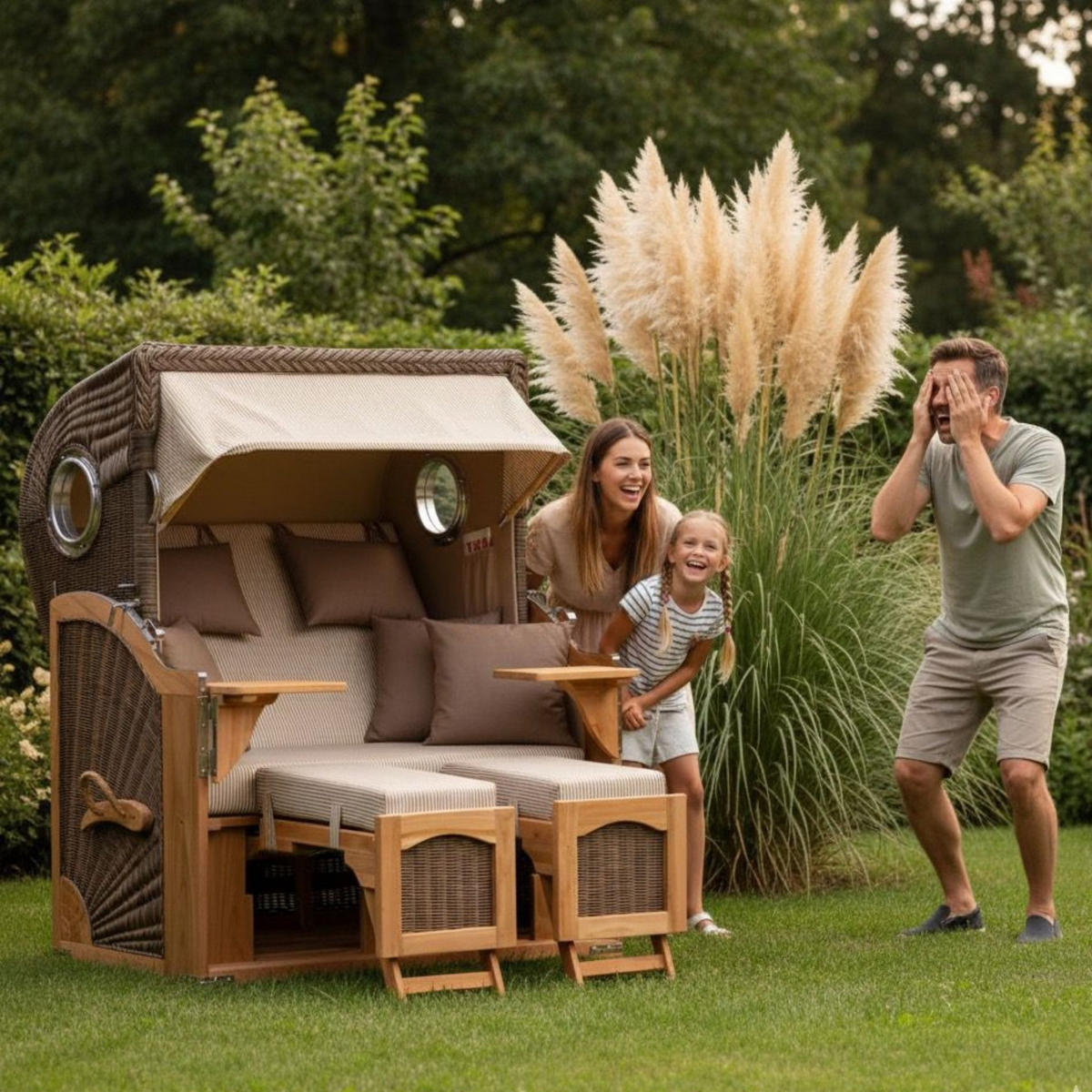 STRANDKORB Düne 2 Sitzer Teak PE Grey - Taupe/Braun, Holz/Metall (125/170/80cm) - Mr. Deko