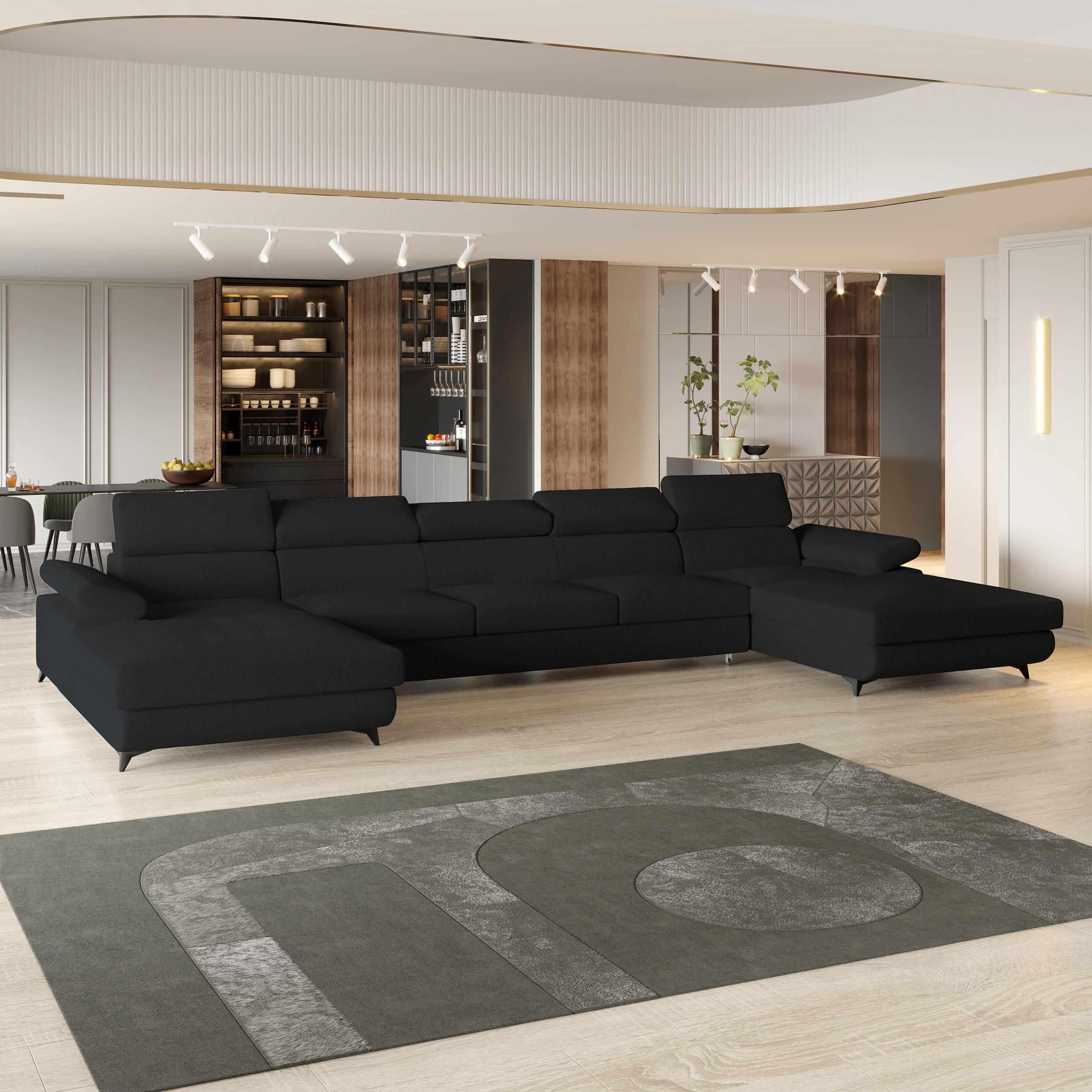 WOHNLANDSCHAFT VIVENTE Schwarz Boucle-Stoff mit Schlaffunktion - Schwarz, Holz (410/89/190cm) - MASSENO