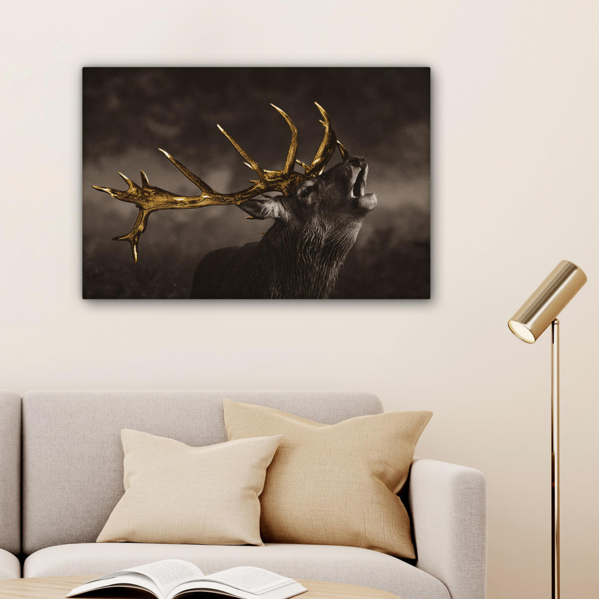 LEINWANDBILD Rotwild - Schwarz - Gold Wanddeko 90x60 cm - Braun, Textil (90/60cm) - MuchoWow