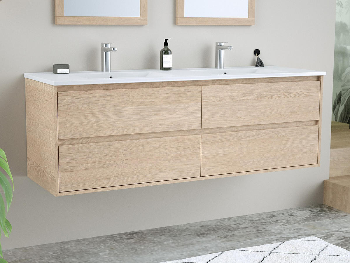 DOPPELWASCHTISCH - 150 cm x 45 cm - Holz, Platte - Naturfarben Hell - MILIPAM - Naturfarben, Holz (150/50/45cm) - Vente-Unique