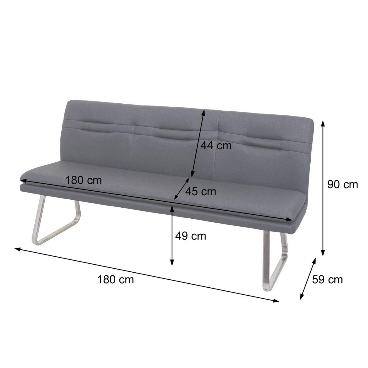 SITZBANK 90x180x59cm Sitzhöhe 49cm Rückenlehne Stoff/Textil Edelstahl gebürstet Braun 180cm - Braun, Textil (180/90/59cm) - BERLINLODGE