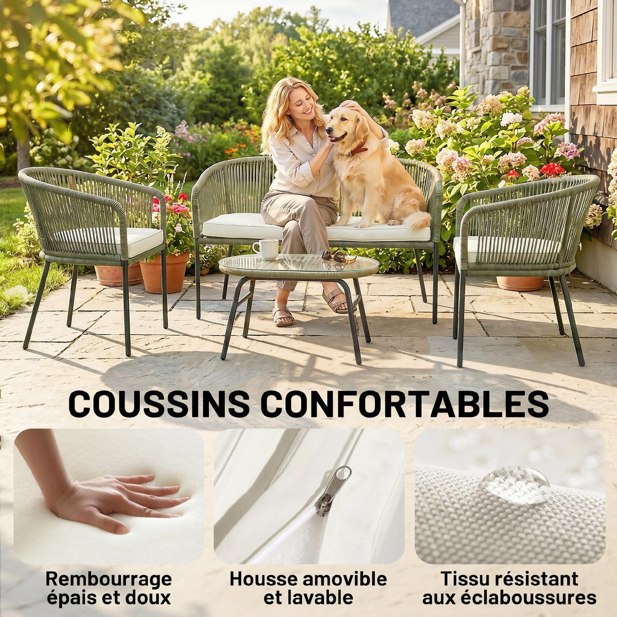GARTENLOUNGE-SET Creme Stahl 4-teilig mit Kissen - Creme, Holzwerkstoff - PANGIVO