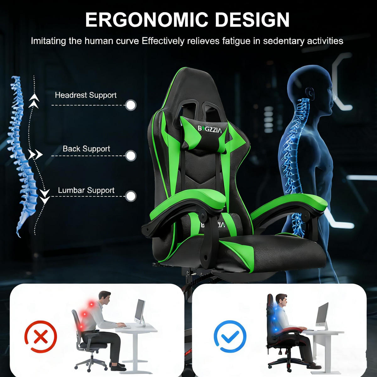 GAMINGSTUHL Schwarz-Grün mit Bluetooth Lautsprechern ergonomisch höhenverstellbar - Grün, Metall (66/124/58cm) - Rattrix