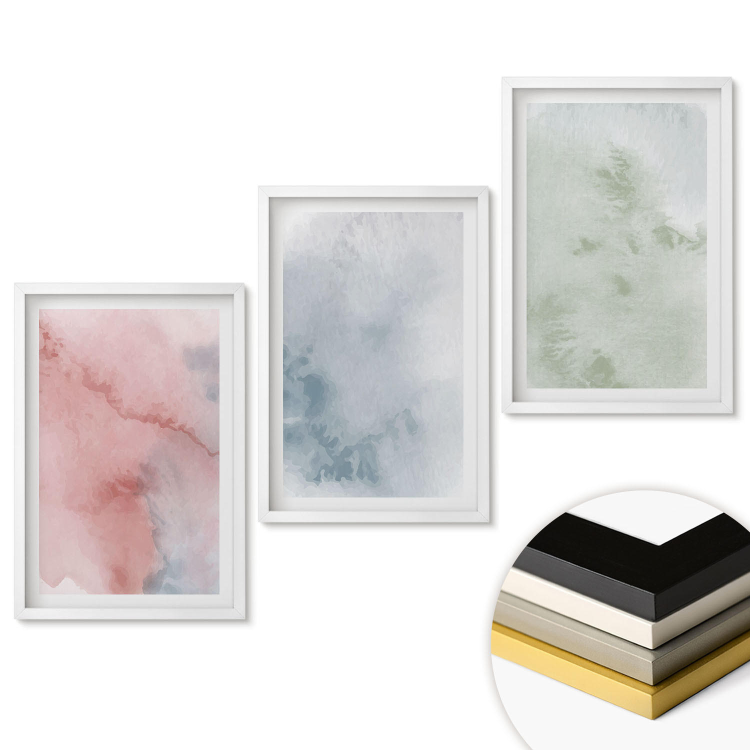 WANDBILDER 3er-Set - 40x60 cm Weißer Rahmen - Pastellfarbene Aquarellstrukturen - Weiß, Kunststoff (40/60cm) - ArtPrintCave