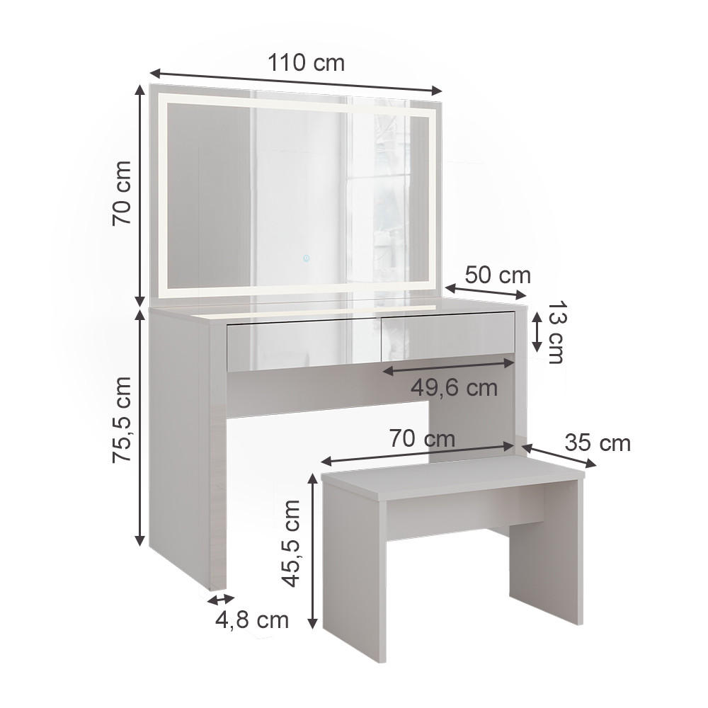 SCHMINKTISCH Annabelle Weiß Hochglanz/Weiß 110 cm mit LED-Spiegel und Bank - Weiß Hochglanz/Weiß, Holzwerkstoff (110/75.5/50cm) - Vicco