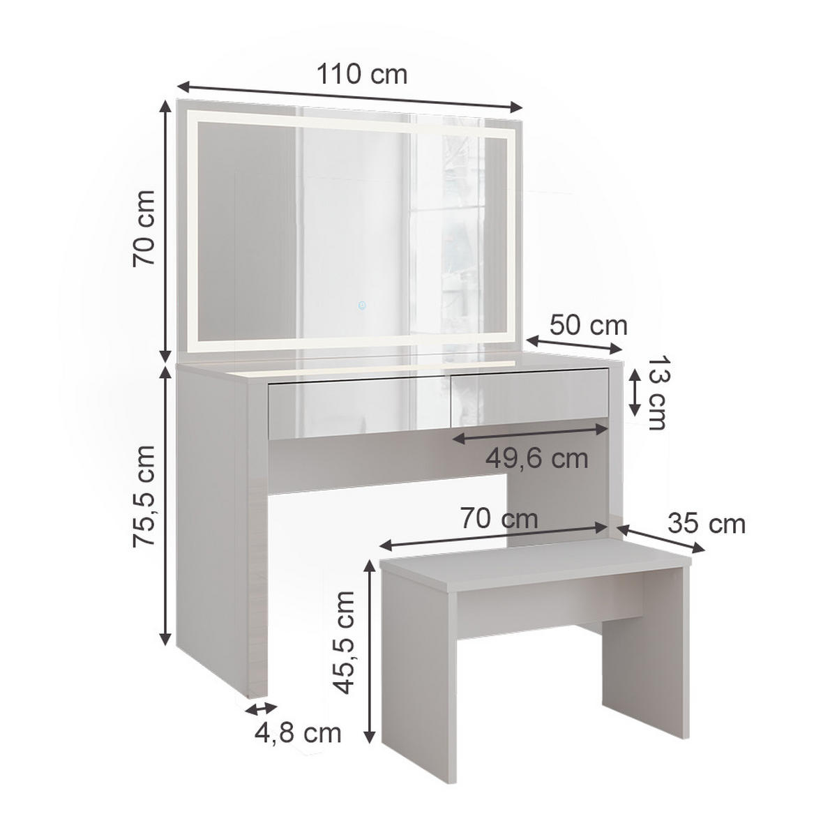 SCHMINKTISCH Annabelle Weiß Hochglanz/Weiß 110 cm mit LED-Spiegel und Bank - Weiß Hochglanz/Weiß, Holzwerkstoff (110/75.5/50cm) - Vicco