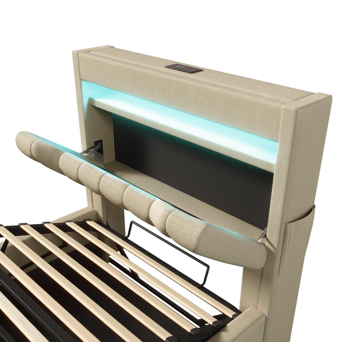 POLSTERBETT 90/200 cm mit hydraulischem Bettkasten, LED & Kopfteil mit USB/Typ-C, Beige - Beige, Textil (90/200cm) - Redom