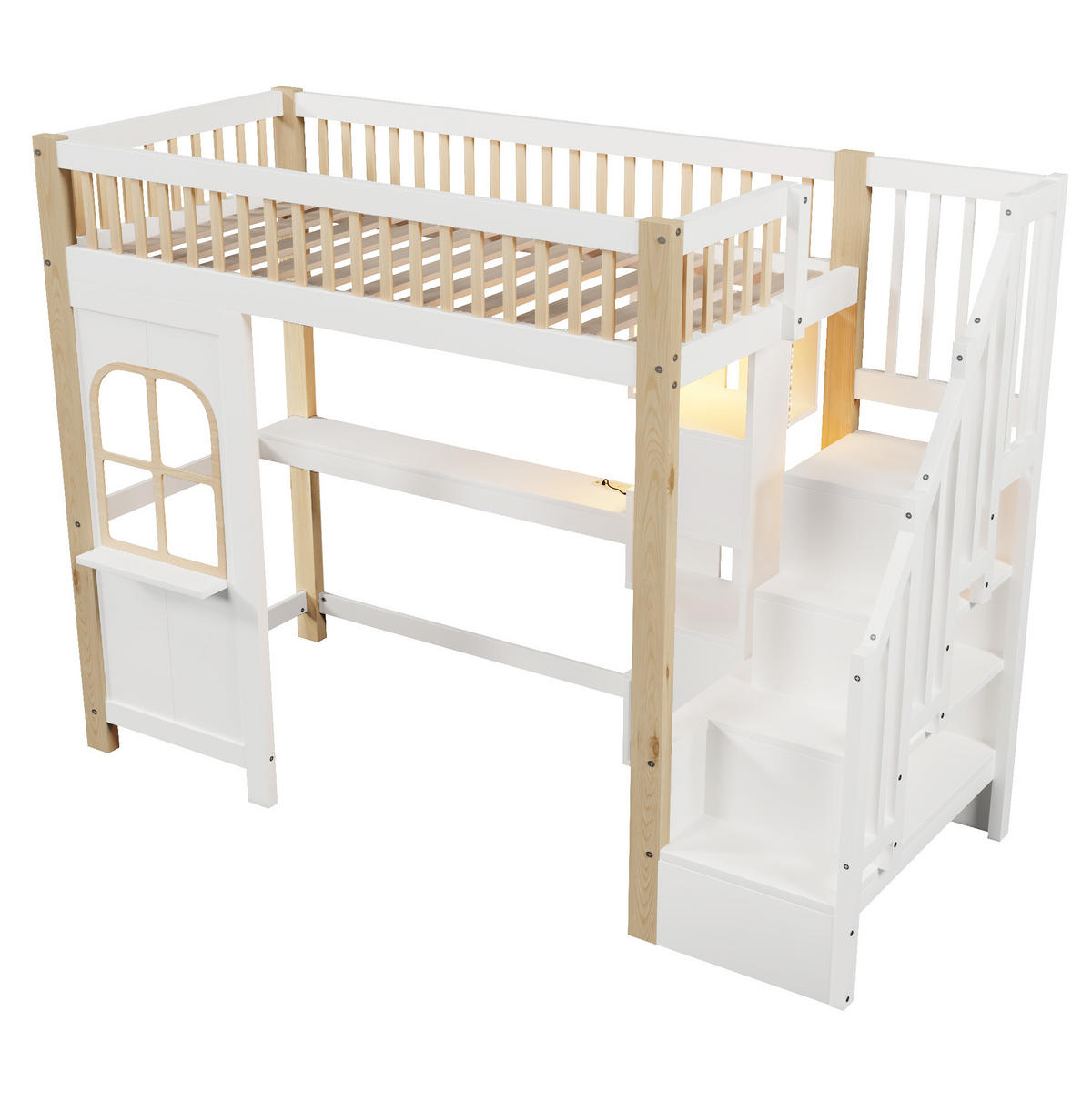 HOCHBETT 90/200 cm in Weiß/Natur – mit Schreibtisch, Ablageleiter und Rausfallschutz - Weiß, Holz (140/200cm) - BEAOK