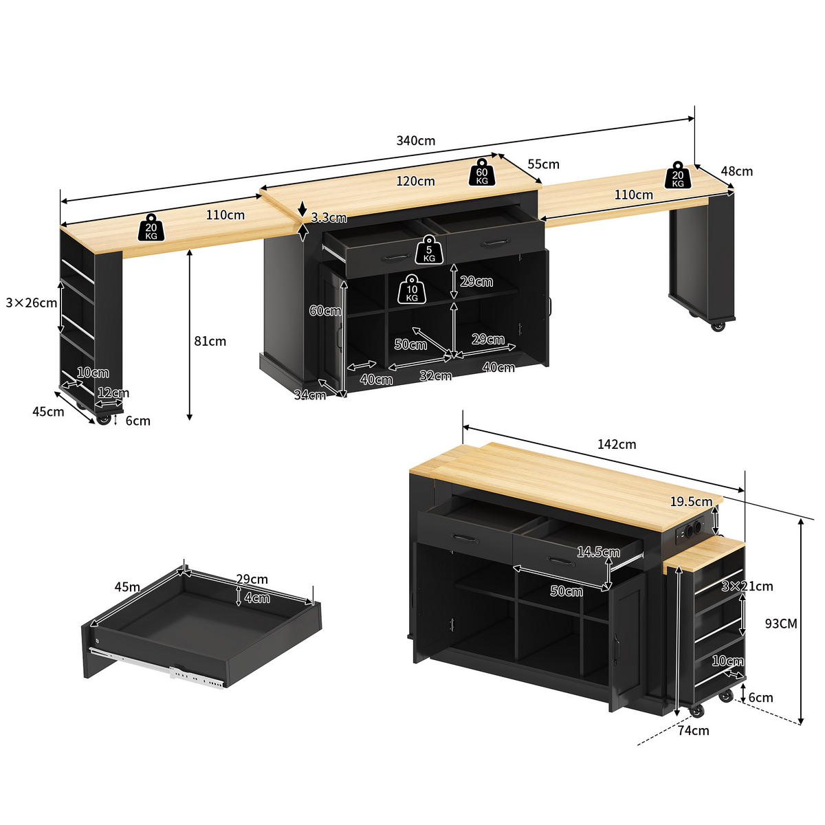 KÜCHENINSEL 142/55/93 cm schwarz aus MDF mit Ausziehplatten - Schwarz, Holzwerkstoff (142/93/55cm) - OKWISH