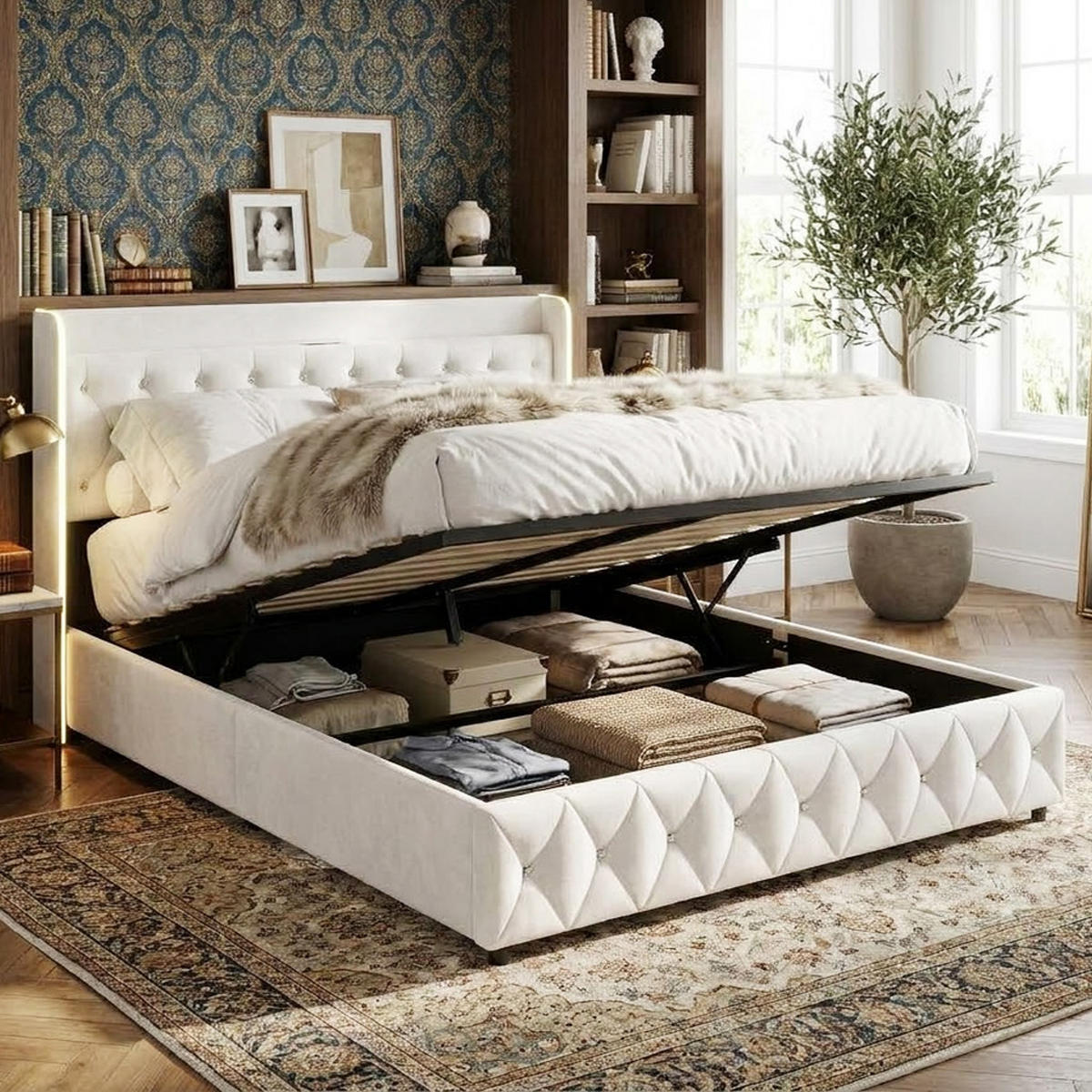 POLSTERBETT Rautensteppung 140/200 cm mit Bettkasten & Lauflicht-LED Samtoptik Beige - Beige, Textil (140/200cm) - Creahappy