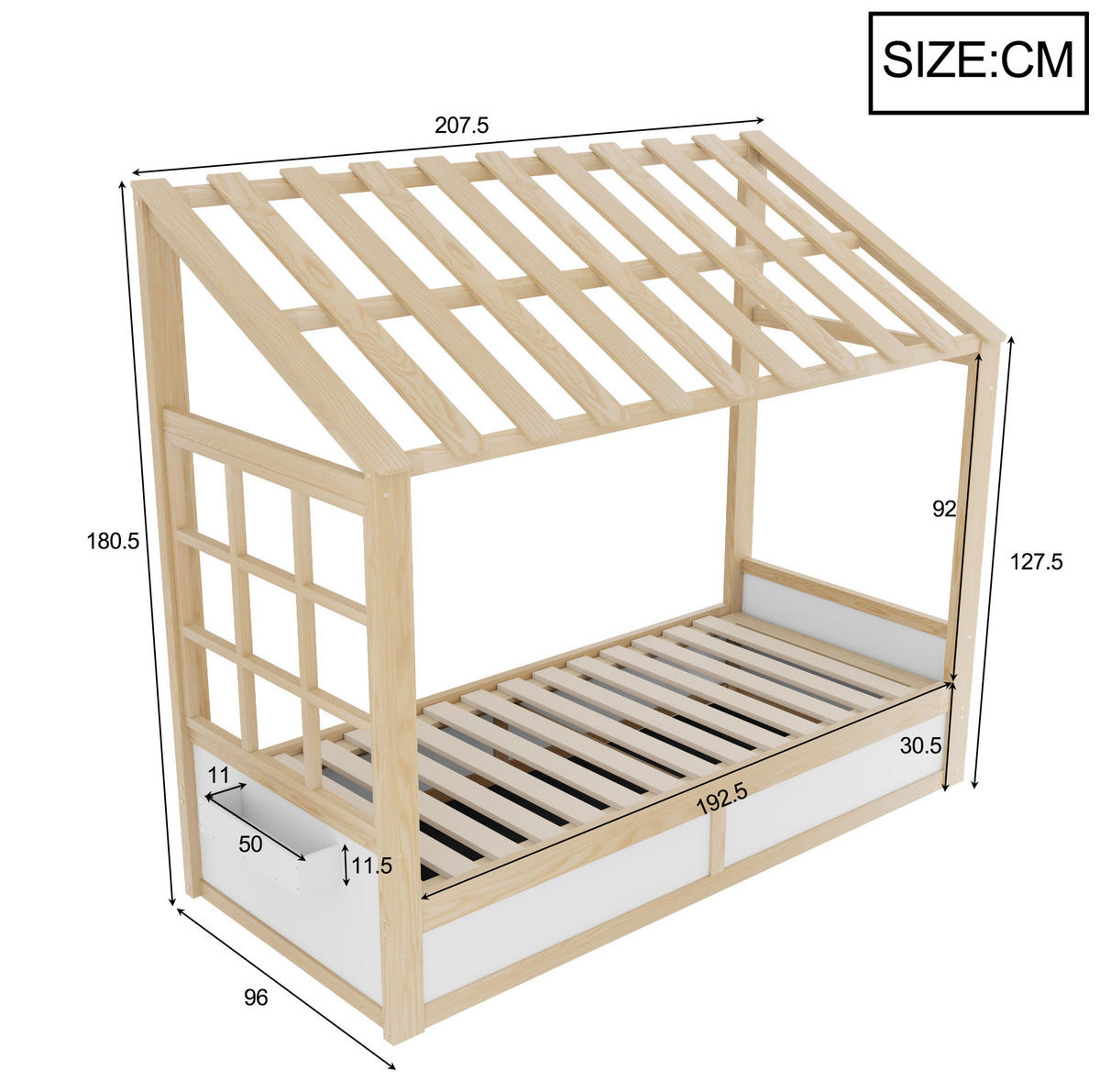BETT 90/200 cm in Weiß/Natur mit Stauraum und Seitenfächern - Weiß, Holz (90/200cm) - Flora Grace