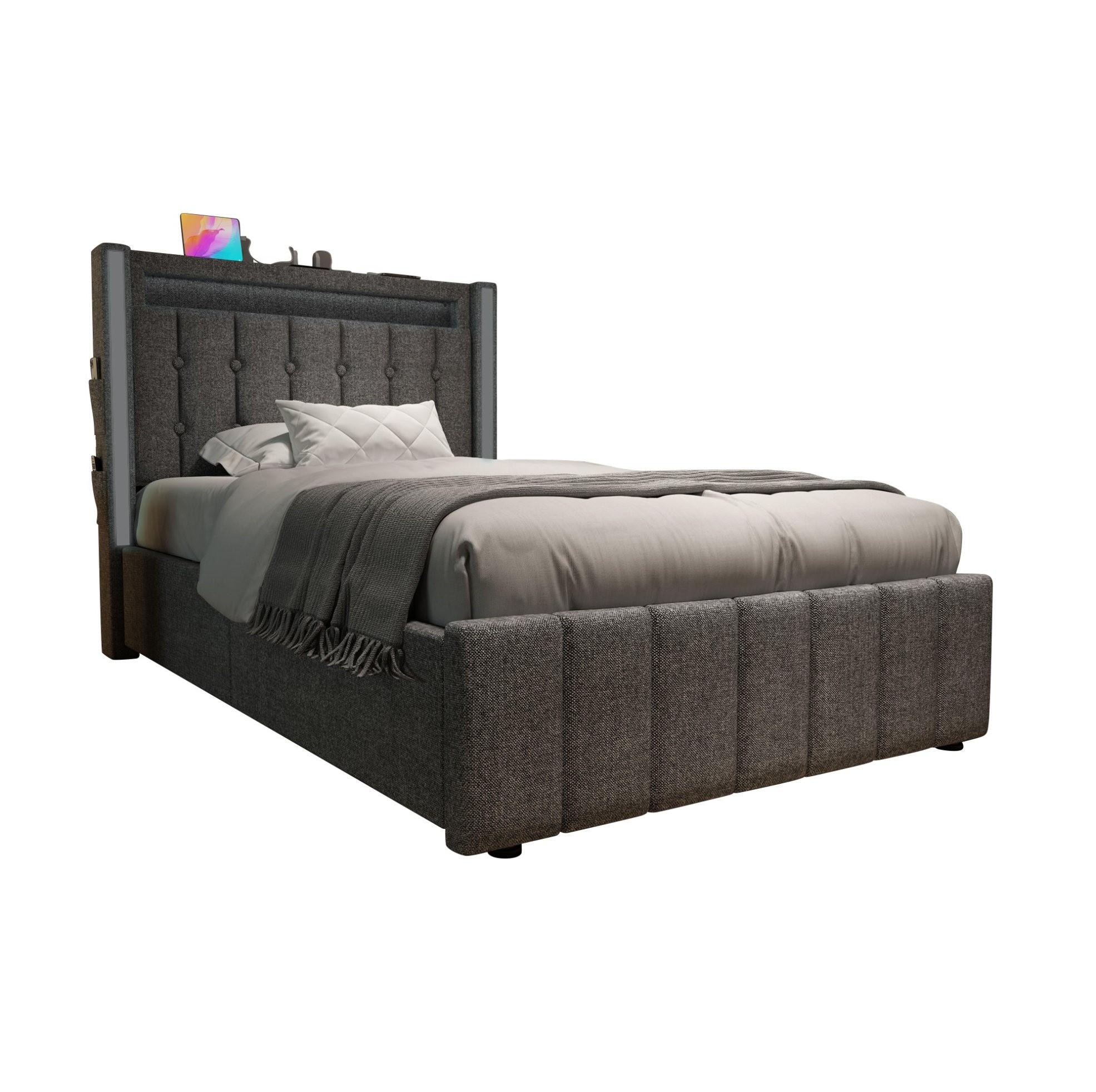 POLSTERBETT 90/200 cm Grau aus Leinen mit LED-Beleuchtung, Ladefunktion und 2 Schubladen - Grau, Textil (90/200cm) - OKMYHOME