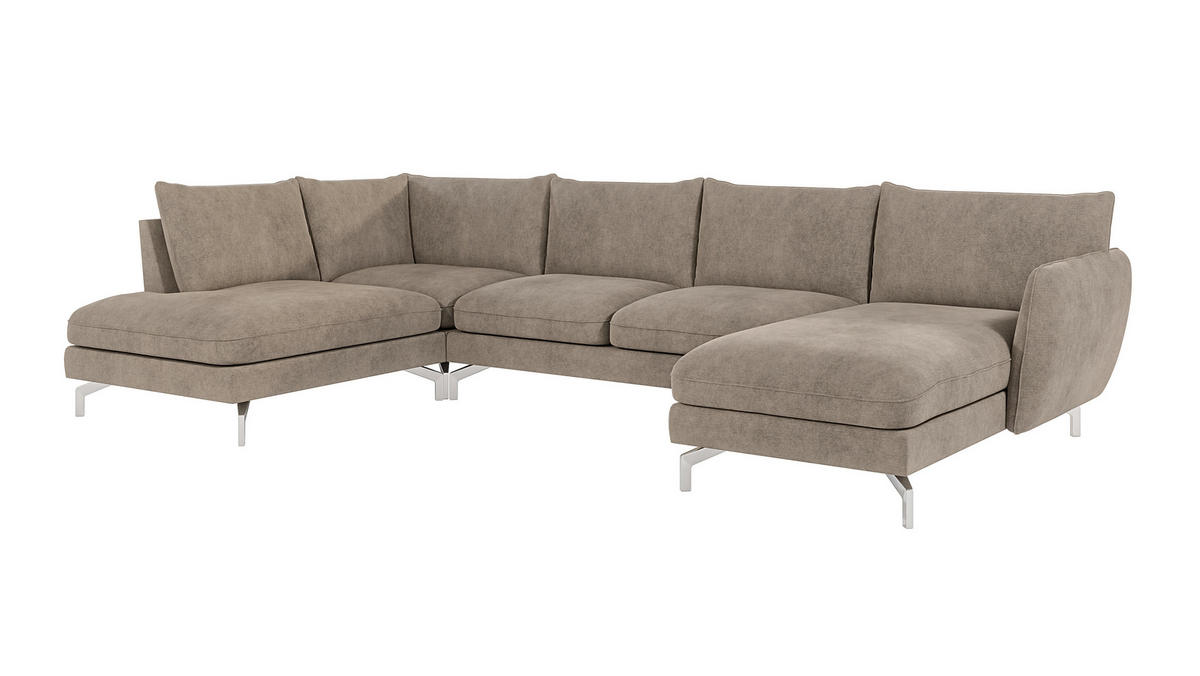 WOHNLANDSCHAFT Elou Dunkelbeige Microfaser - Chromfarben/Beige, Textil/Metall (336/87/200cm) - S-Style Möbel