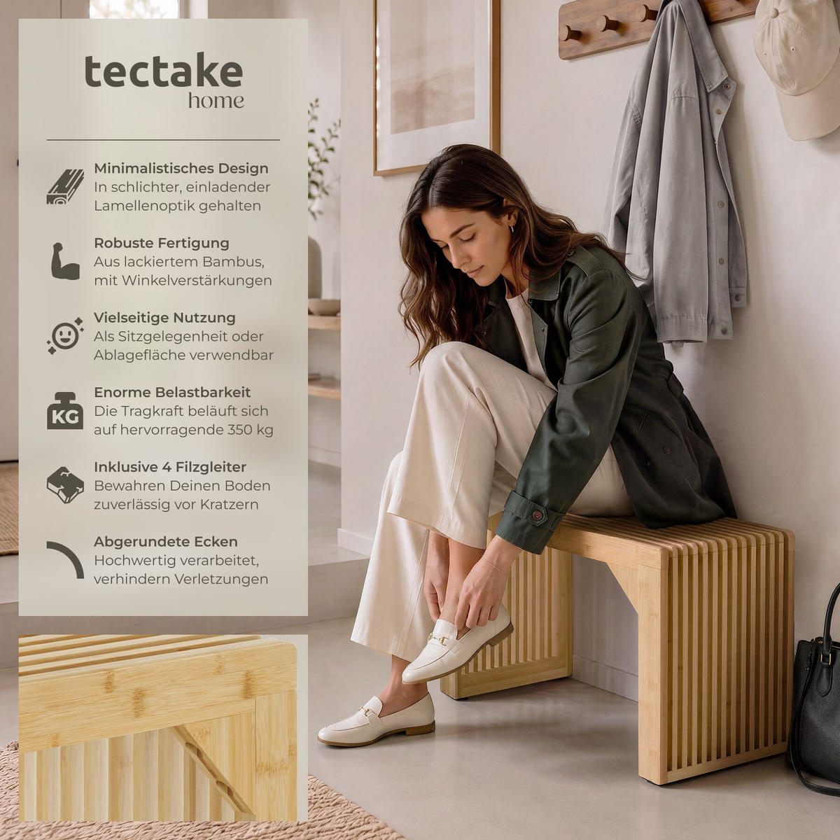 SITZBANK Ribb, Belastbarkeit 350 kg, Bambus - Beige, Holz (73/43/35cm) - tectake