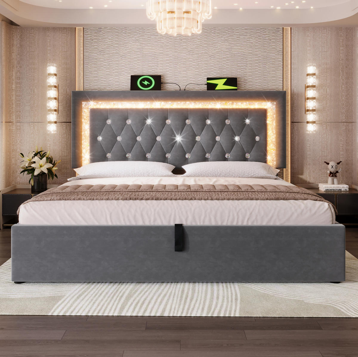 ČALOUNĚNÁ postel 160/200 cm sametová šedá s matrací, LED, USB-C a úložným prostorem - šedá, textil (160/200cm) - Modenvie