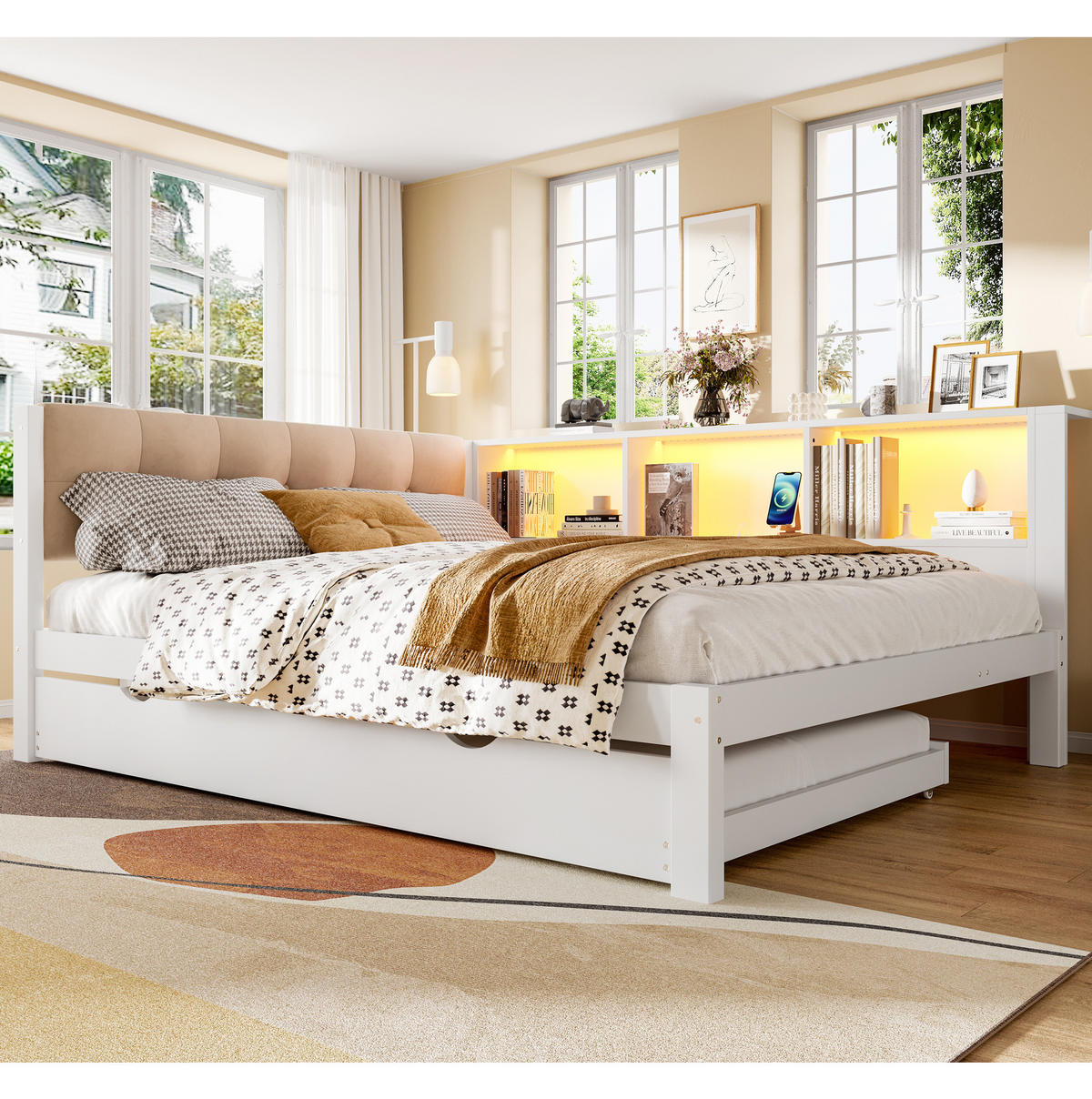 TAGESBETT 140/200 cm weiß aus Kiefernholz mit ausziehbarem Bett und dimmbarer LED-Beleuchtung - Weiß, Holz (140/200cm) - OKWISH