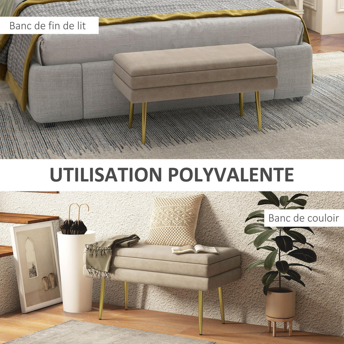 TRUHENBANK DE-16381 2-in-1 mit Stauraum und Samtbezug Beige/Gold - Beige, Textil (79.5/43/37.5cm) - ComfortXL