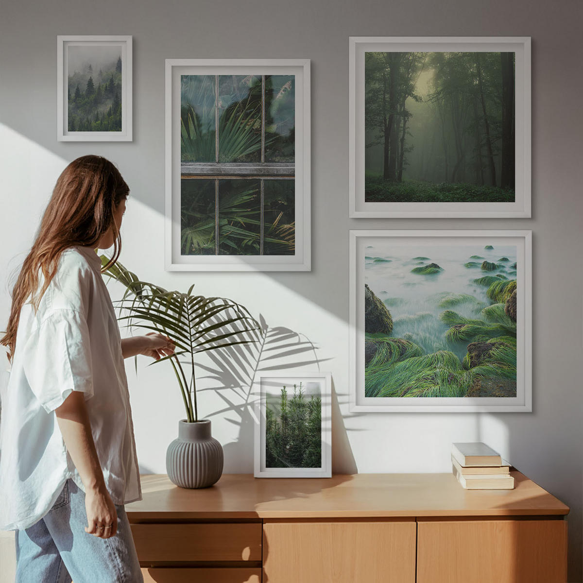 BILDER SET 5er Set - 50x50 cm & 20x30 cm & 40x60 cm Weißer Rahmen - Nahaufnahmen von Blättern sukkulenter Pflanzen - Weiß, Kunststoff (40/60cm) - TULUP