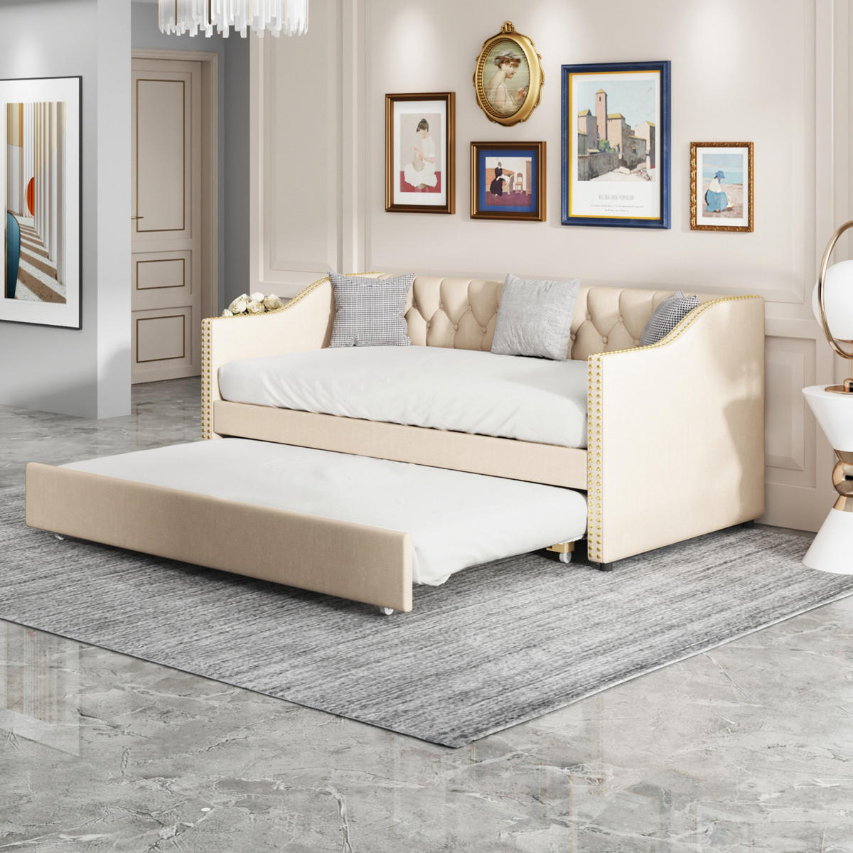 SCHLAFSOFA 90x200 cm ausziehbar, Leinen, Grau - Grau, Holz (90/200cm)