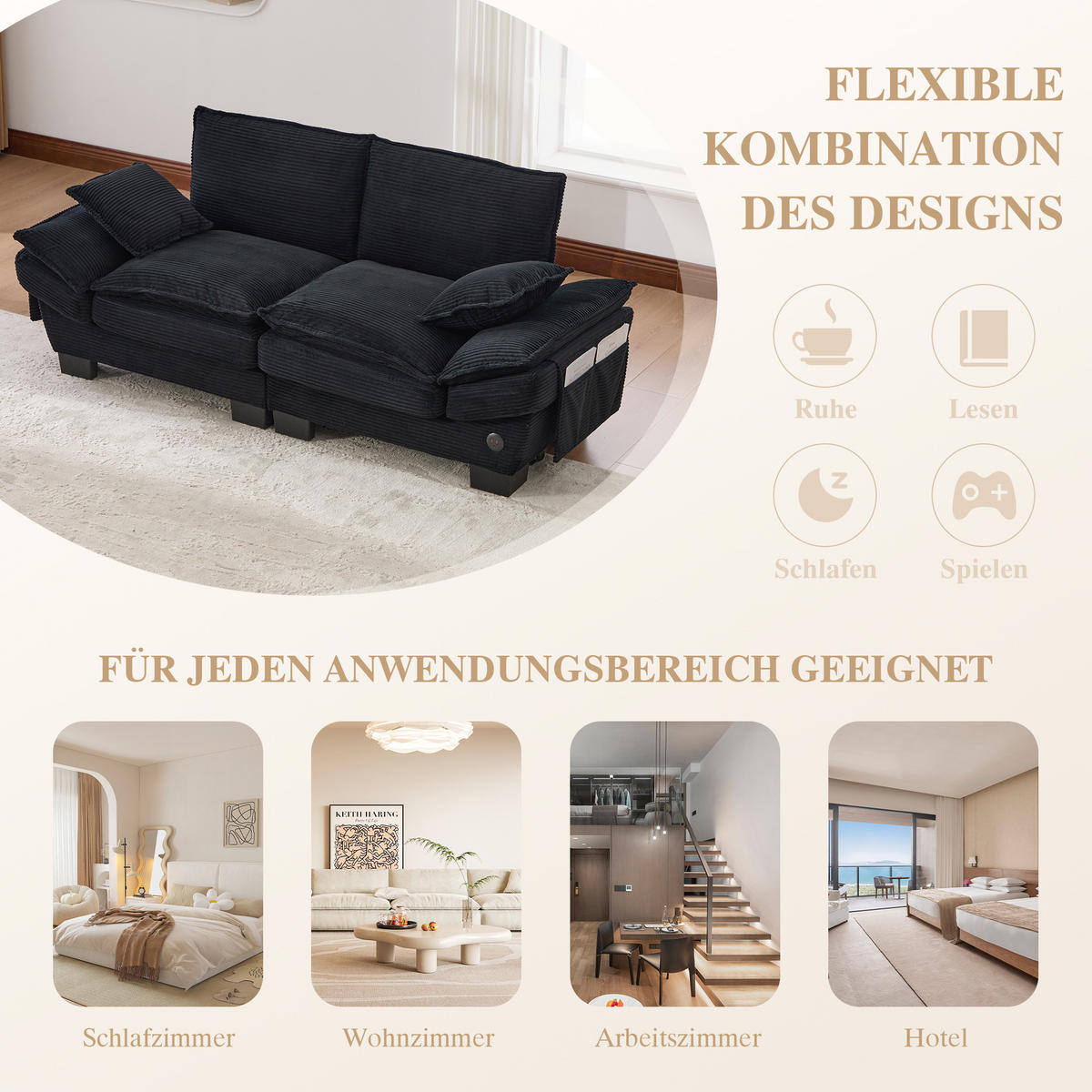 2-SITZER SOFA Cord Schwarz mit USB-C und Seitentaschen - Schwarz, Holzwerkstoff/Kunststoff (190/84/73cm) - WISHDOR