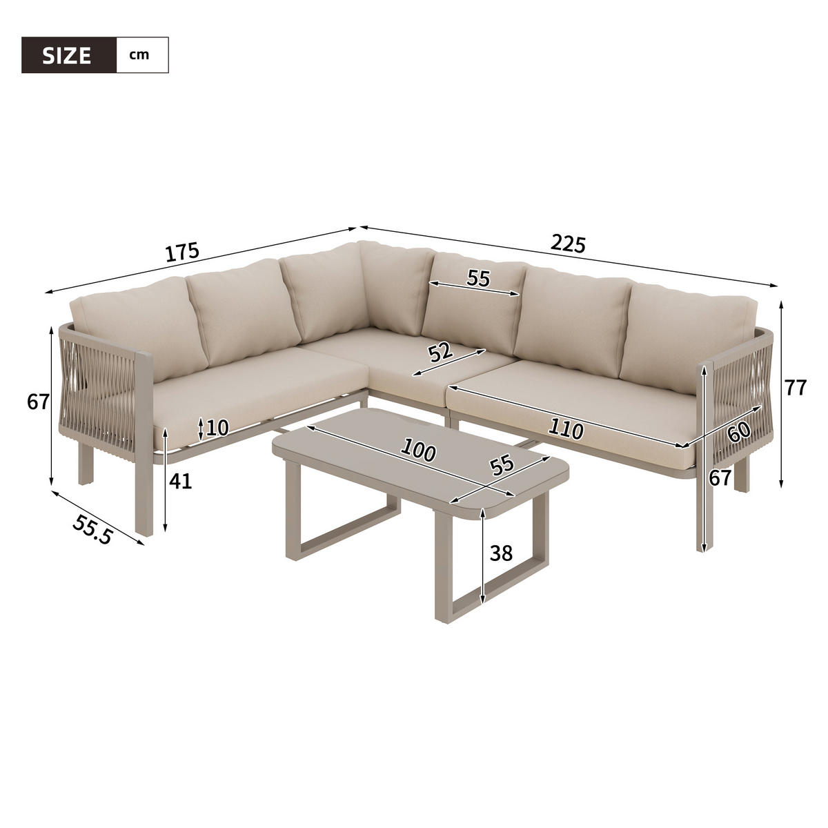 GARTENMÖBEL-SET 6 Personen Eckstellung Stahlrohr Glasplatte Khaki - Hellbraun, Textil - FLIEKS