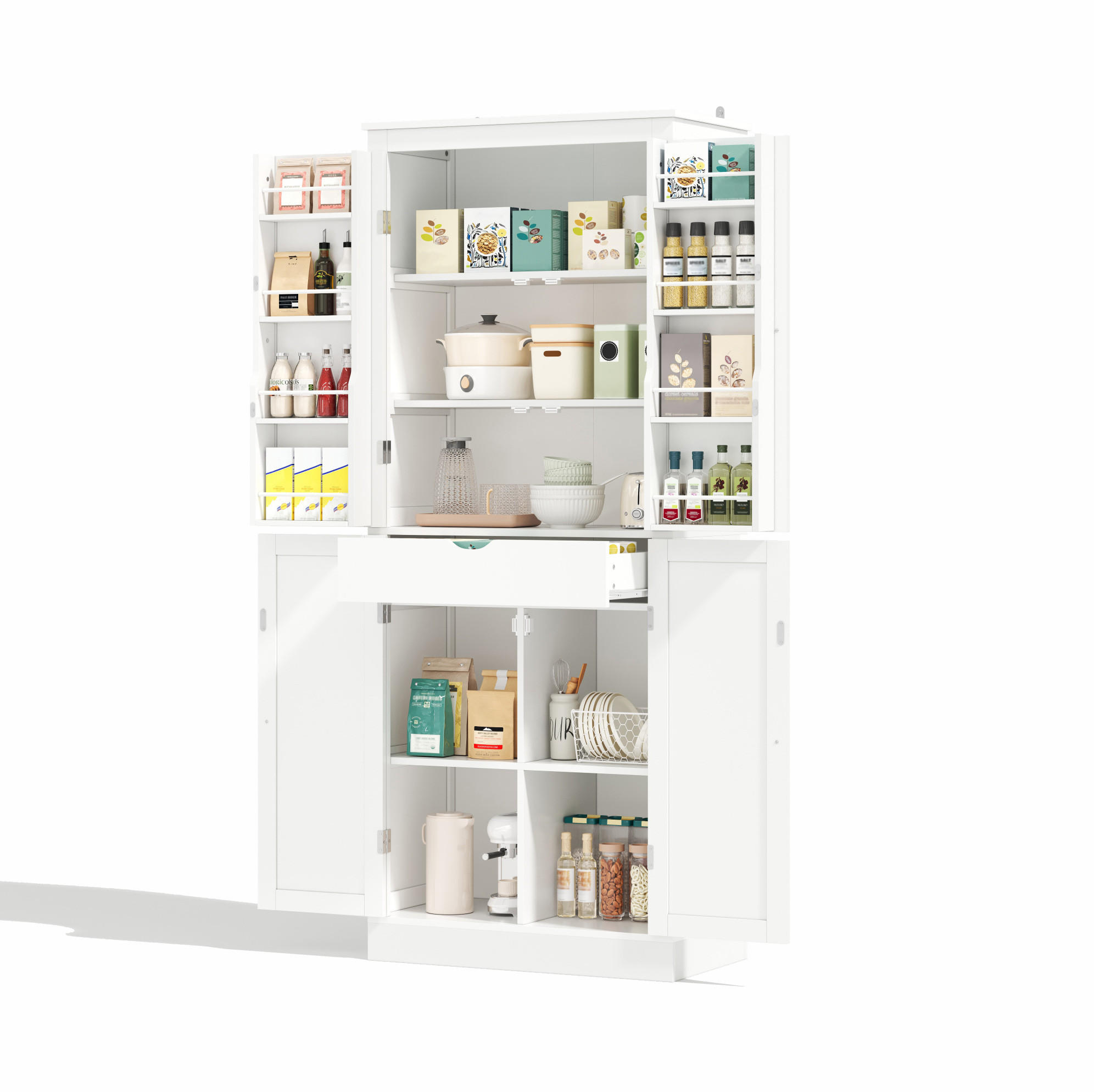 BUFFET aus MDF 75x40x182 cm Weiß mit Schublade, Regalfächern und Kippschutz - Weiß, Holzwerkstoff (75/180/40cm) - Modfu