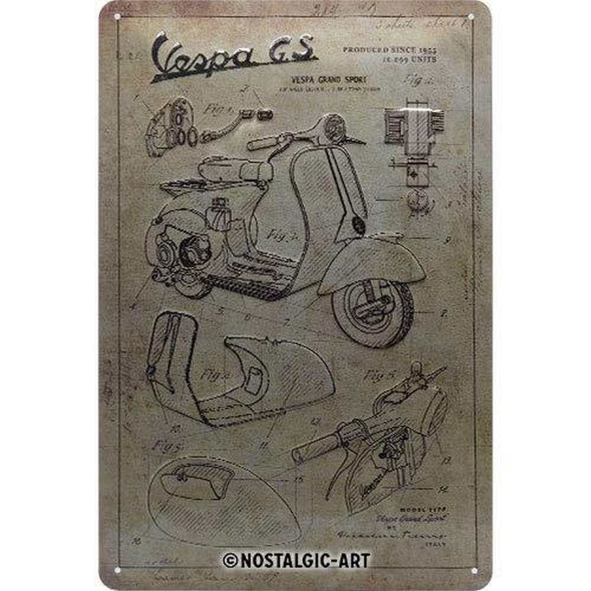 BLECHSCHILD 20/30 cm Vespa Parts Sketches - Multicolor, Metall (20/30/0.2cm) - Nostalgic-Art