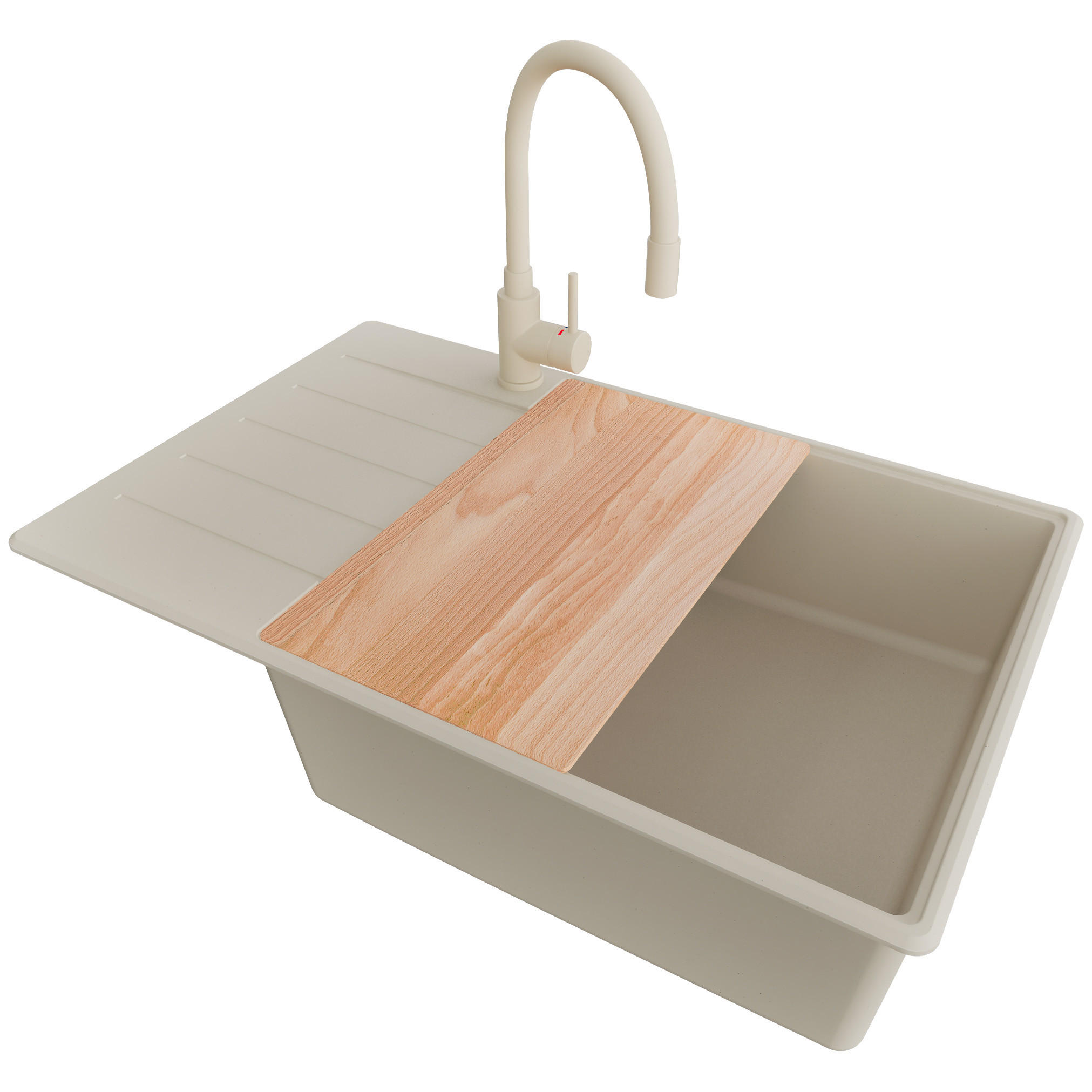 GRANITSPÜLE Kopenhagen, 2-er set Beige 78/50 cm 1 Becken + Küchenarmatur 38/14 cm + Ablauf-Set + Schneidebrett ab 60er Unterschrank - Beige, Kunststoff (78/20/50cm) - Primagran