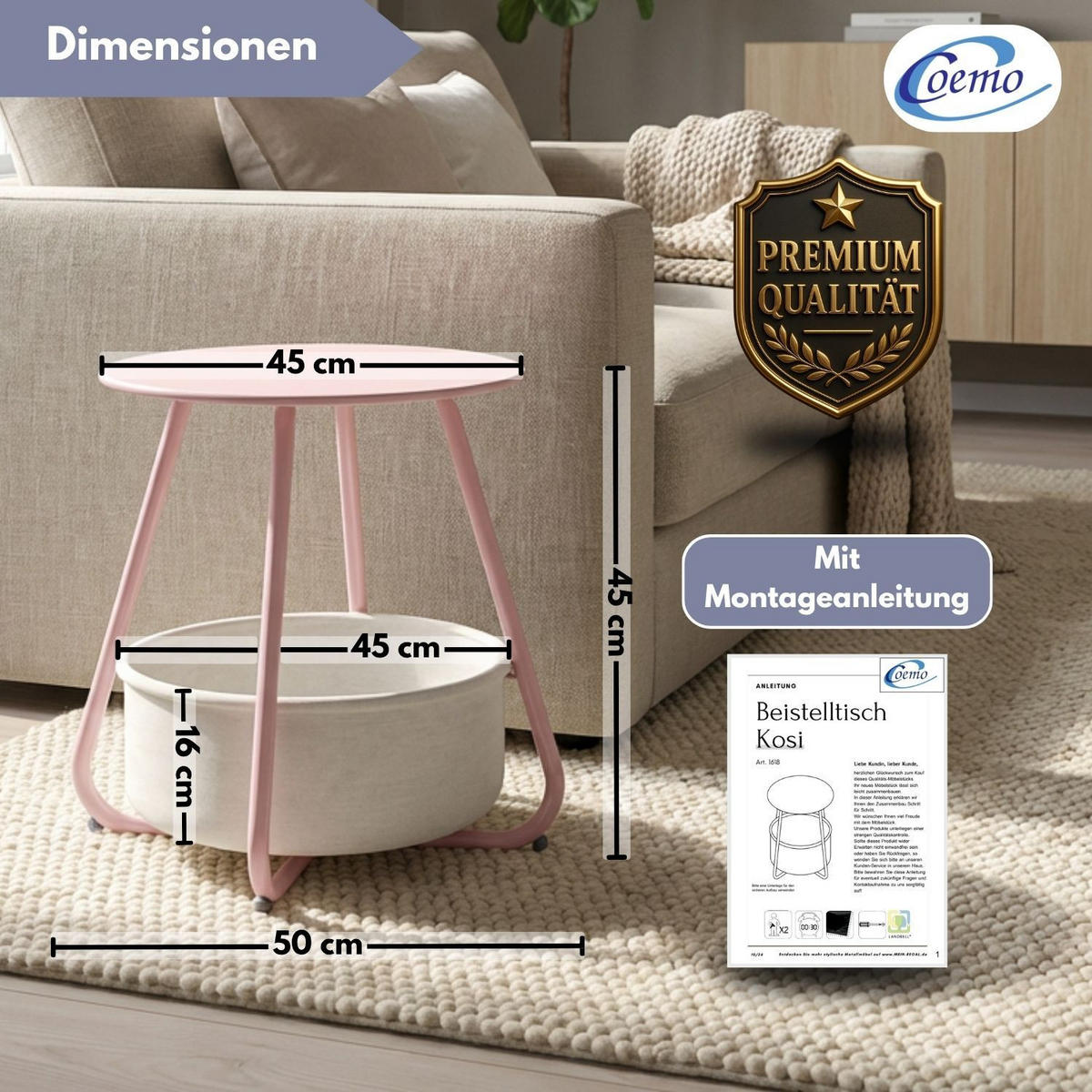 COUCHTISCH KOSI Metall mit Aufbewahrungskorb Canvas Pink - Rosa, Metall (50/50/45cm) - Coemo