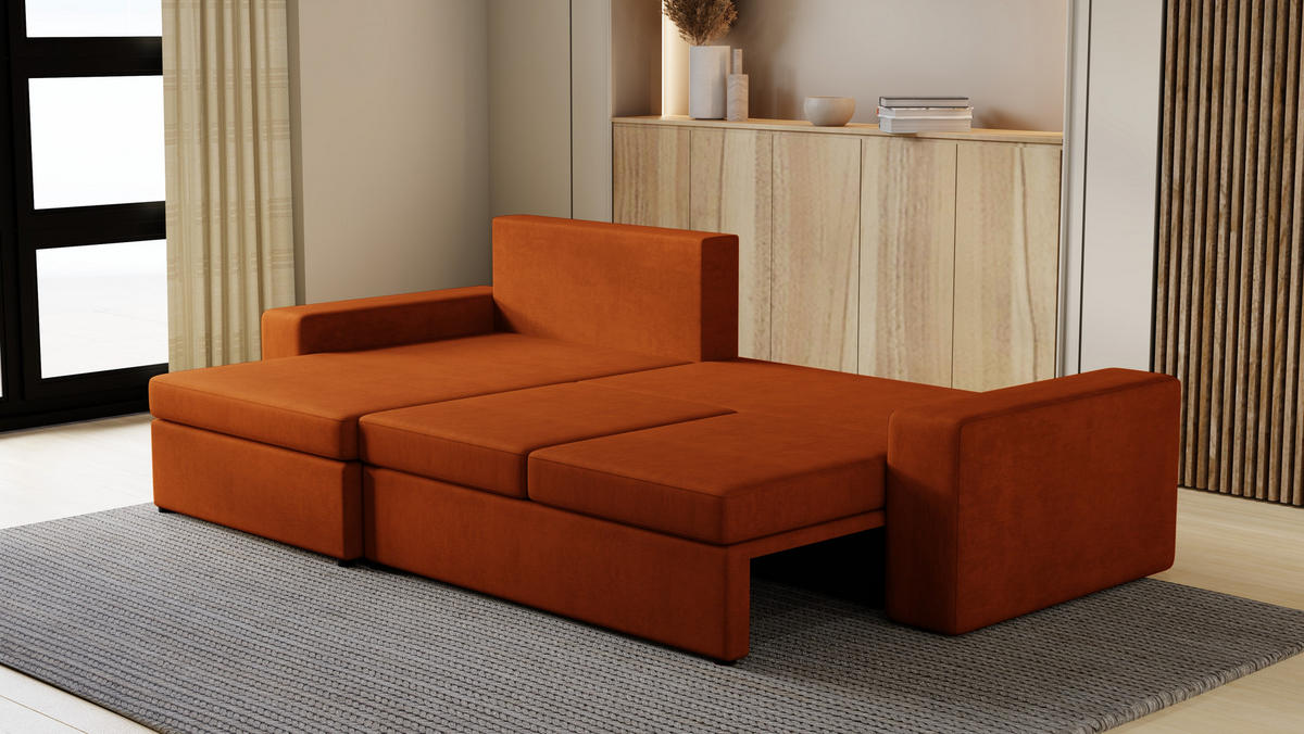 ECKSOFA Paco mit Bettkasten und Schlaffunktion, L-Form/XL-Form, Velourstoff, Universal - Rostfarben, Holzwerkstoff (276/145cm) - 4ALL HOME