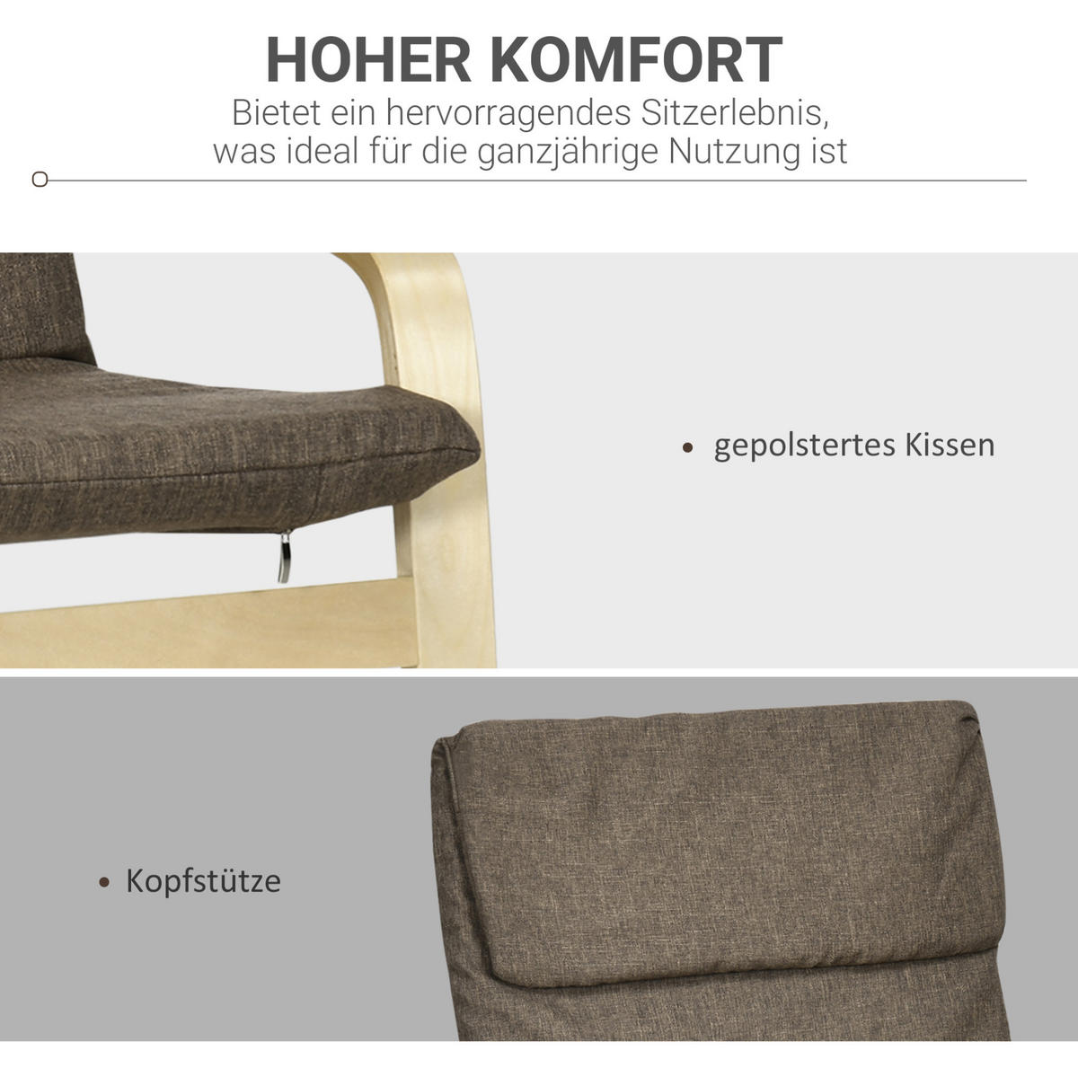 RELAXSESSEL Leinenoptik mit Kopfkissen, Holzgestell C-Form 65/69/98 cm Braun - Braun, Textil (65/98/69cm) - Redom