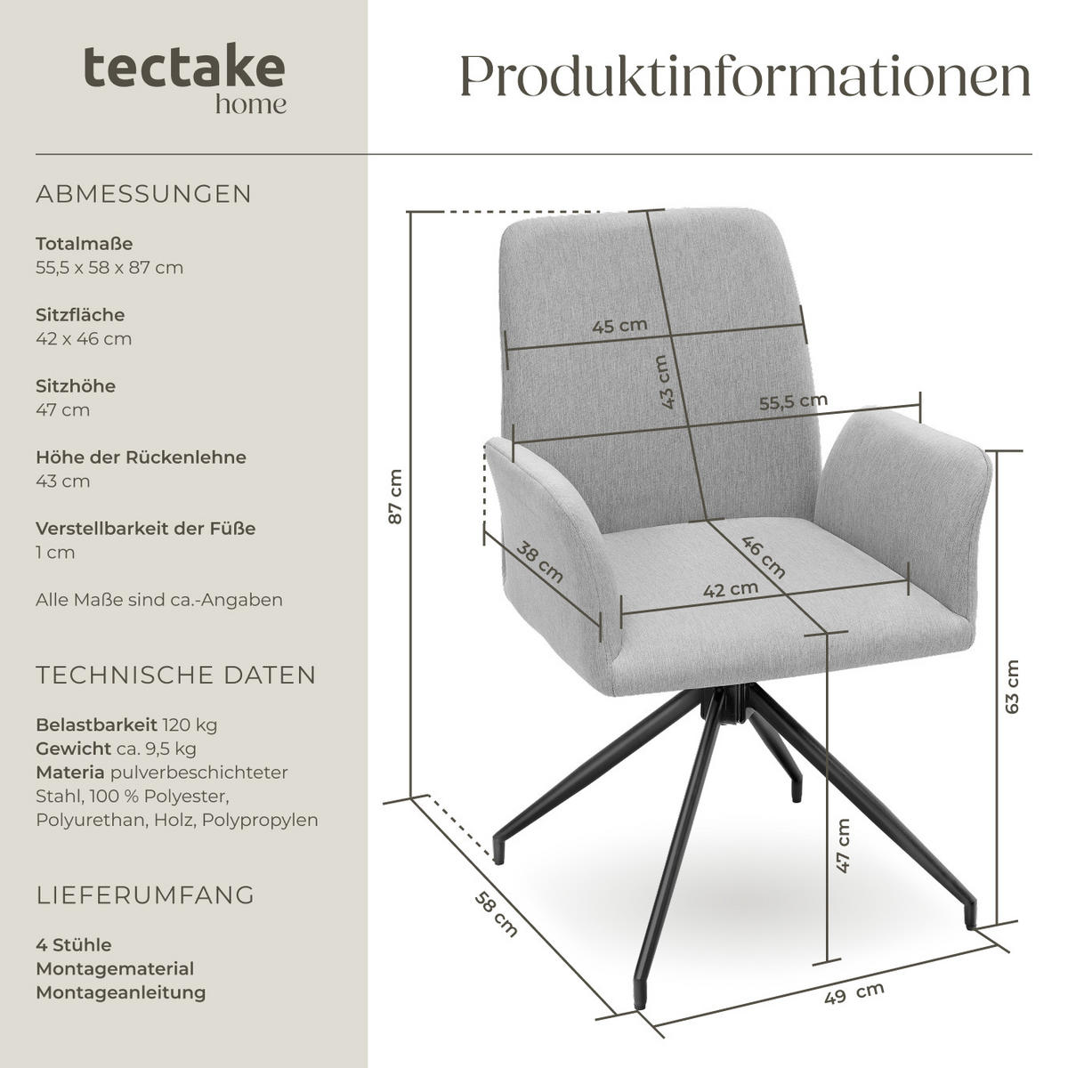 ARMLEHNSTUHL Drehbar Daya,55,5 x 58 x 87 cm,hellgrau - Hellgrau, Kunststoff (55.5/87/58cm) - tectake