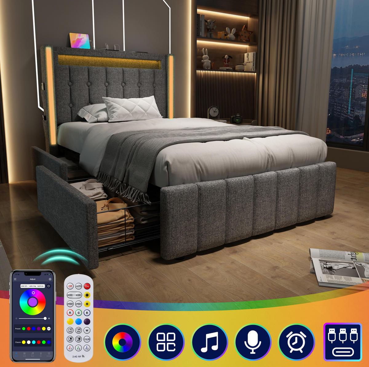 POLSTERBETT 90/200 cm Grau aus Leinen mit LED-Beleuchtung, Ladefunktion und 2 Schubladen - Grau, Textil (90/200cm) - OKMYHOME