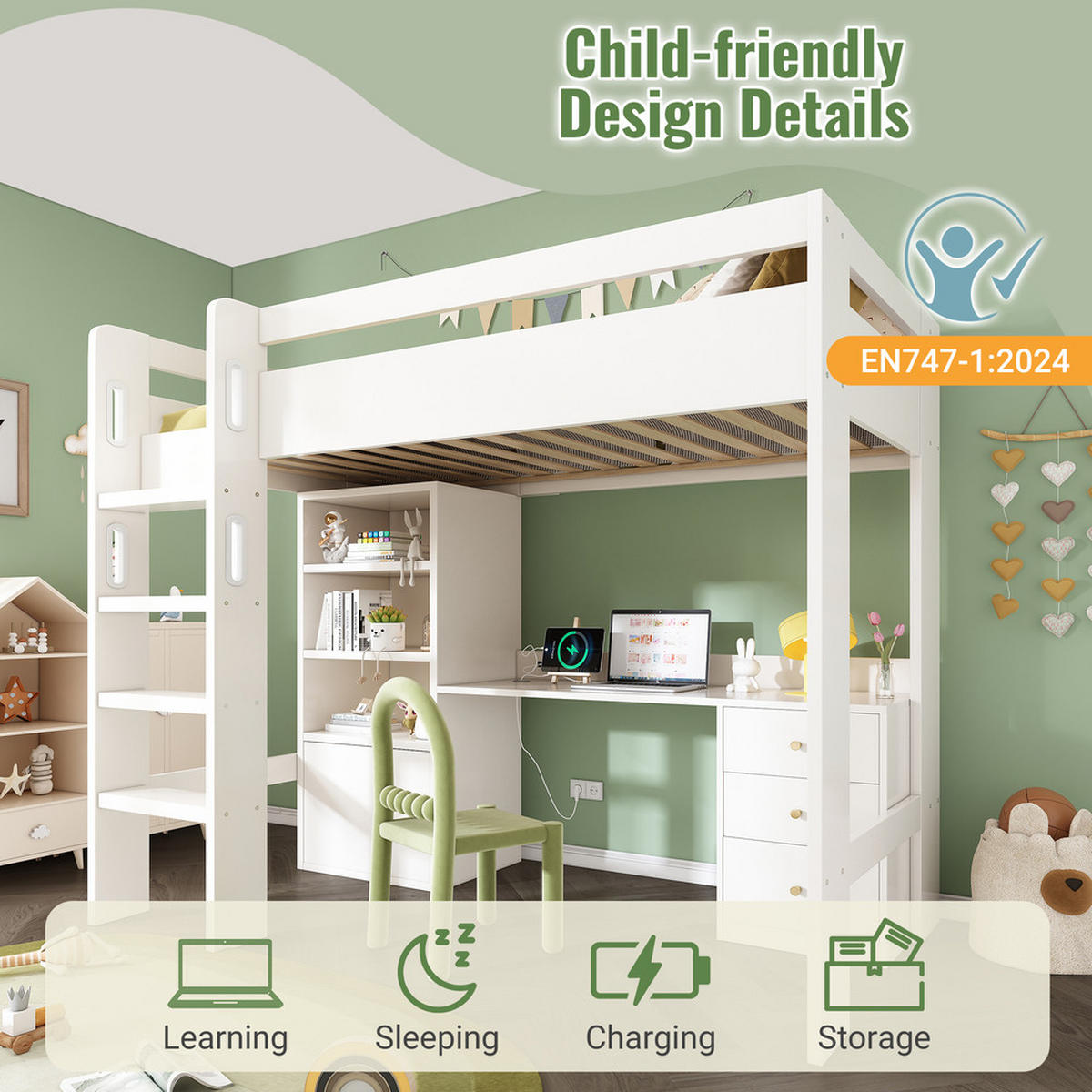 HOCHBETT 90x200cm Jugendbett mit Schreibtisch Kleiderschrank & Treppe Weiß - Weiß, Holz - FLIEKS