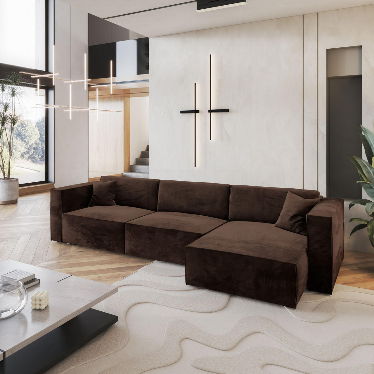 ECKSOFA TOLMO M Braun Velours-Stoff mit Schlaffunktion - Braun, Holz (347/148cm) - MASSENO