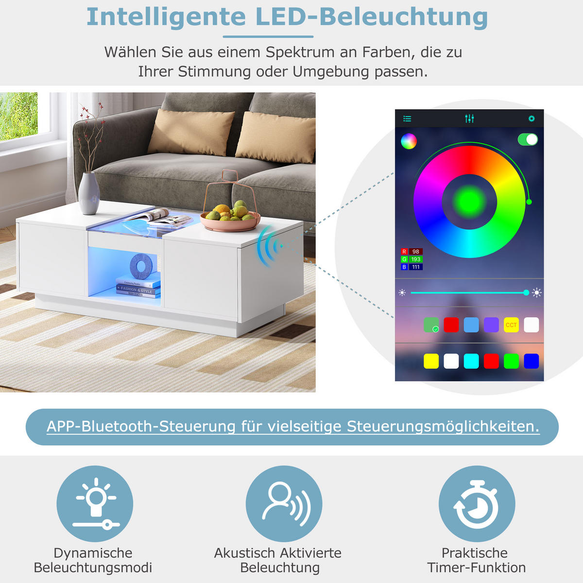 COUCHTISCH in Weiß 100/50/35,5 cm aus Spanplatte mit LED-Beleuchtung, App-Steuerung, 2 Schubladen - Weiß, Holzwerkstoff (50/100/35.5cm) - CHICFURN