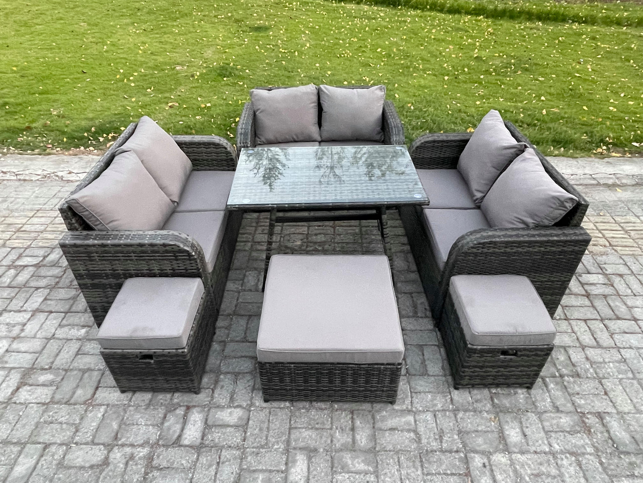 GARTENMÖBELSET mit ESSTISCH,SOFA Polyrattan 9-Sitzer - Dunkelgrau/Grau, Glas/Kunststoff - Fimous