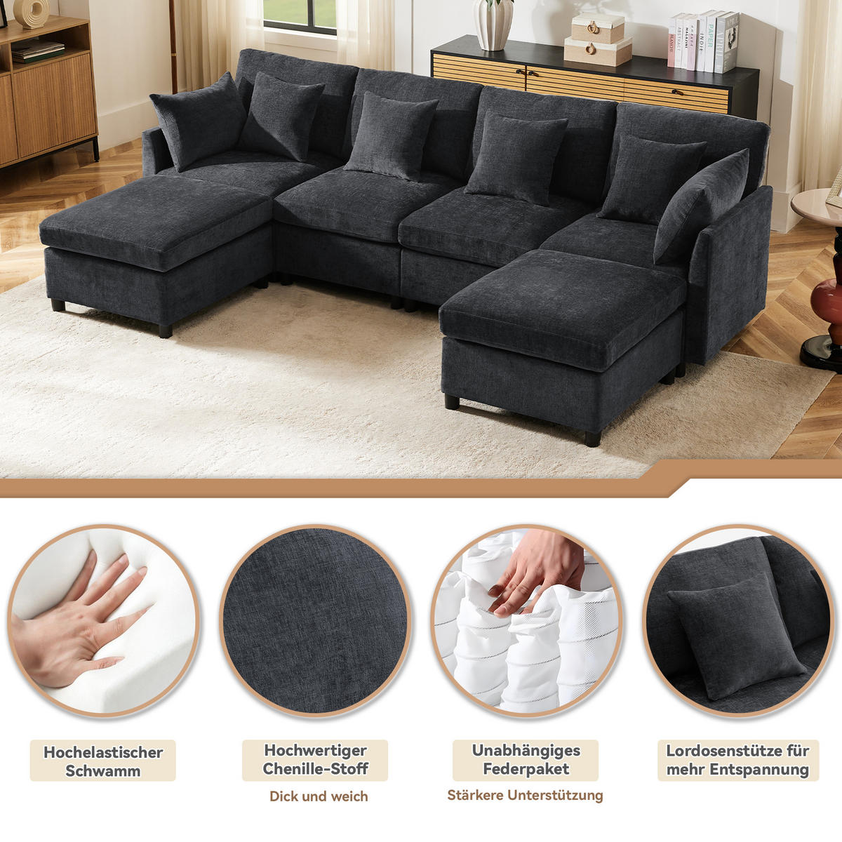 WOHNLANDSCHAFT Chenille Grau mit 2 Hocker und 6 Kissen - Grau, Holzwerkstoff/Kunststoff (278/81/161cm) - WISHDOR