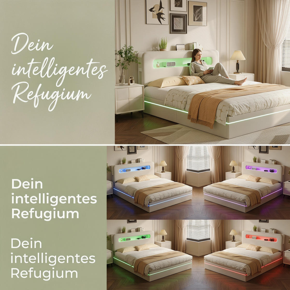 POLSTERBETT 160x200 cm mit LED-Beleuchtung und Stauraum Beige - Beige, Holz (160/200cm) - PARAFTA HOME