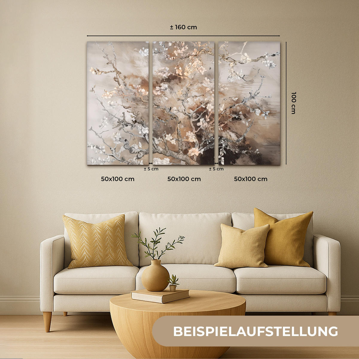 OBRAZ NA PLÁTNĚ 3dílná sada Mandlový květ - abstraktní - béžový 180x120 cm - béžová, textil (180/120cm) - MuchoWow